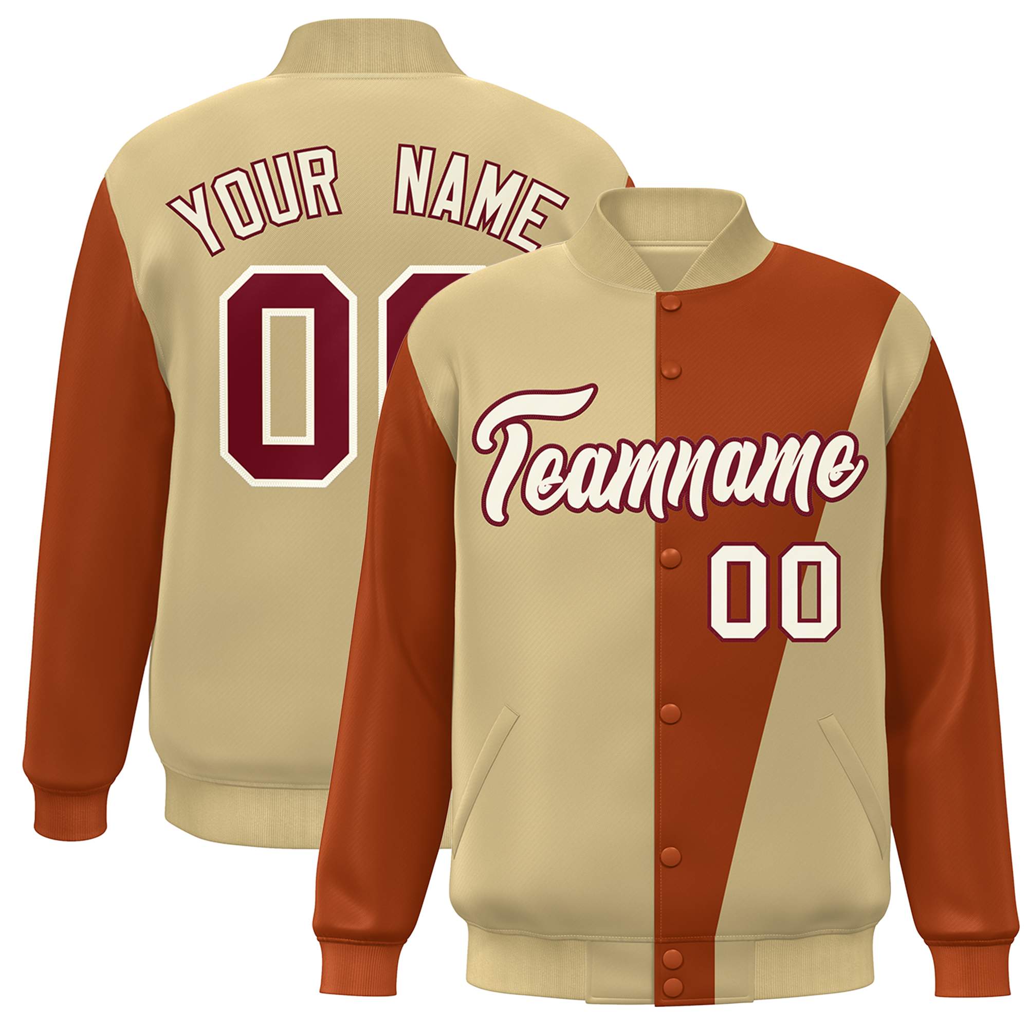 Custom Khaki White-Orange Color Block Varsity Full-Snap Bomber Jacket