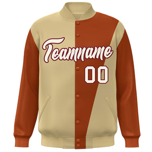 Custom Khaki White-Orange Color Block Varsity Full-Snap Bomber Jacket