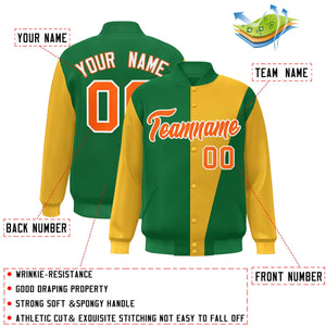 Custom Kelly Green Gold-Orange Color Block Varsity Full-Snap Bomber Jacket