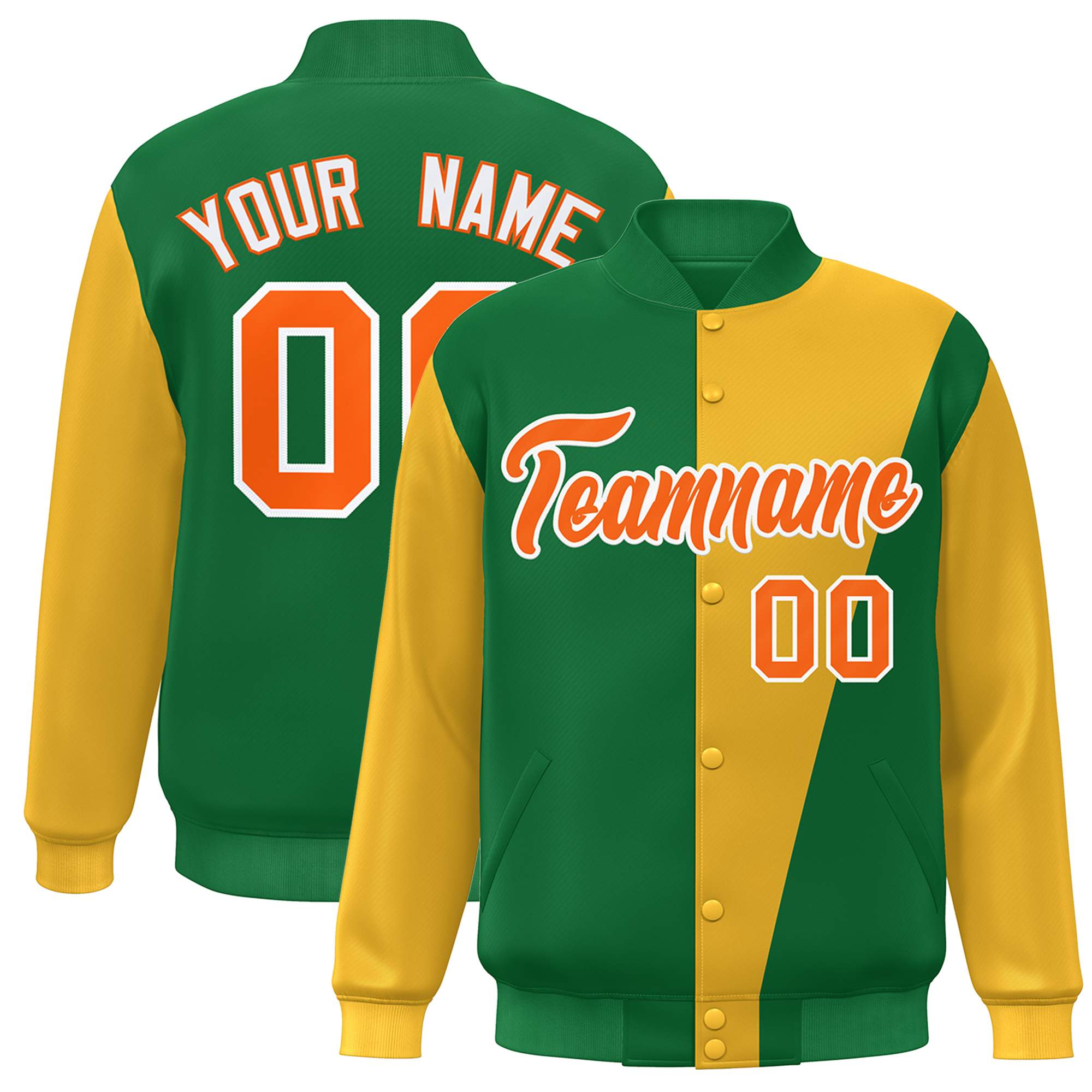 Custom Kelly Green Gold-Orange Color Block Varsity Full-Snap Bomber Jacket