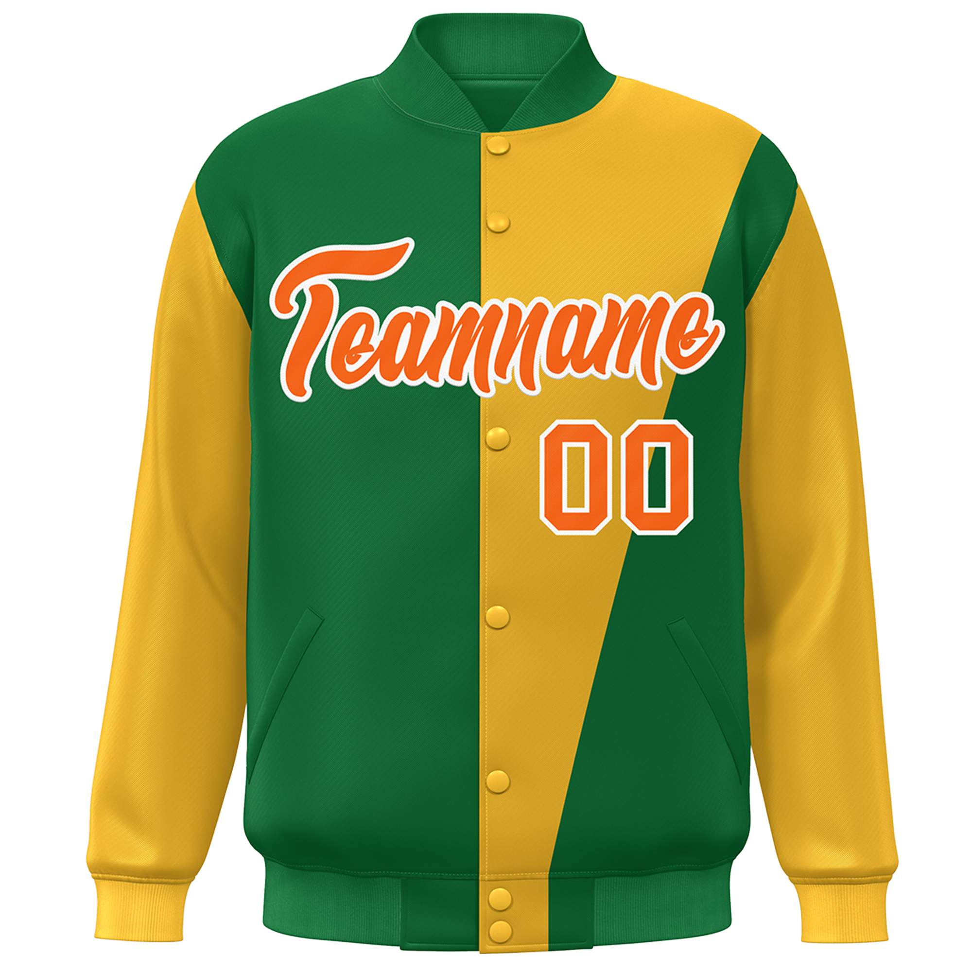 Custom Kelly Green Gold-Orange Color Block Varsity Full-Snap Bomber Jacket