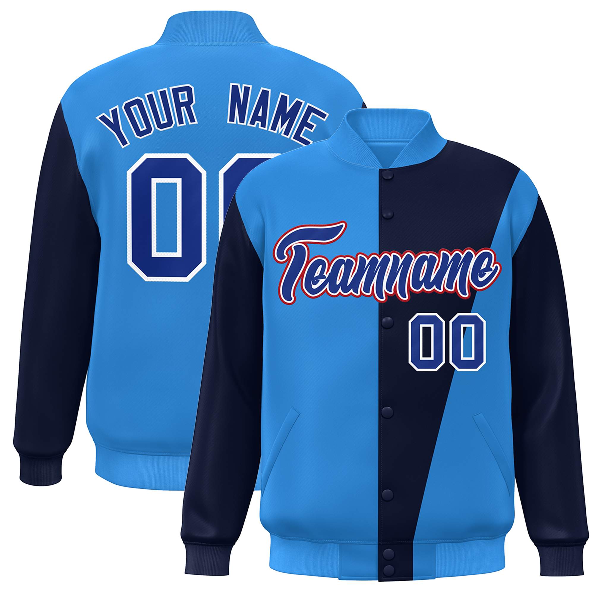 Custom Powder Blue Navy-Royal Color Block Varsity Full-Snap Bomber Jacket