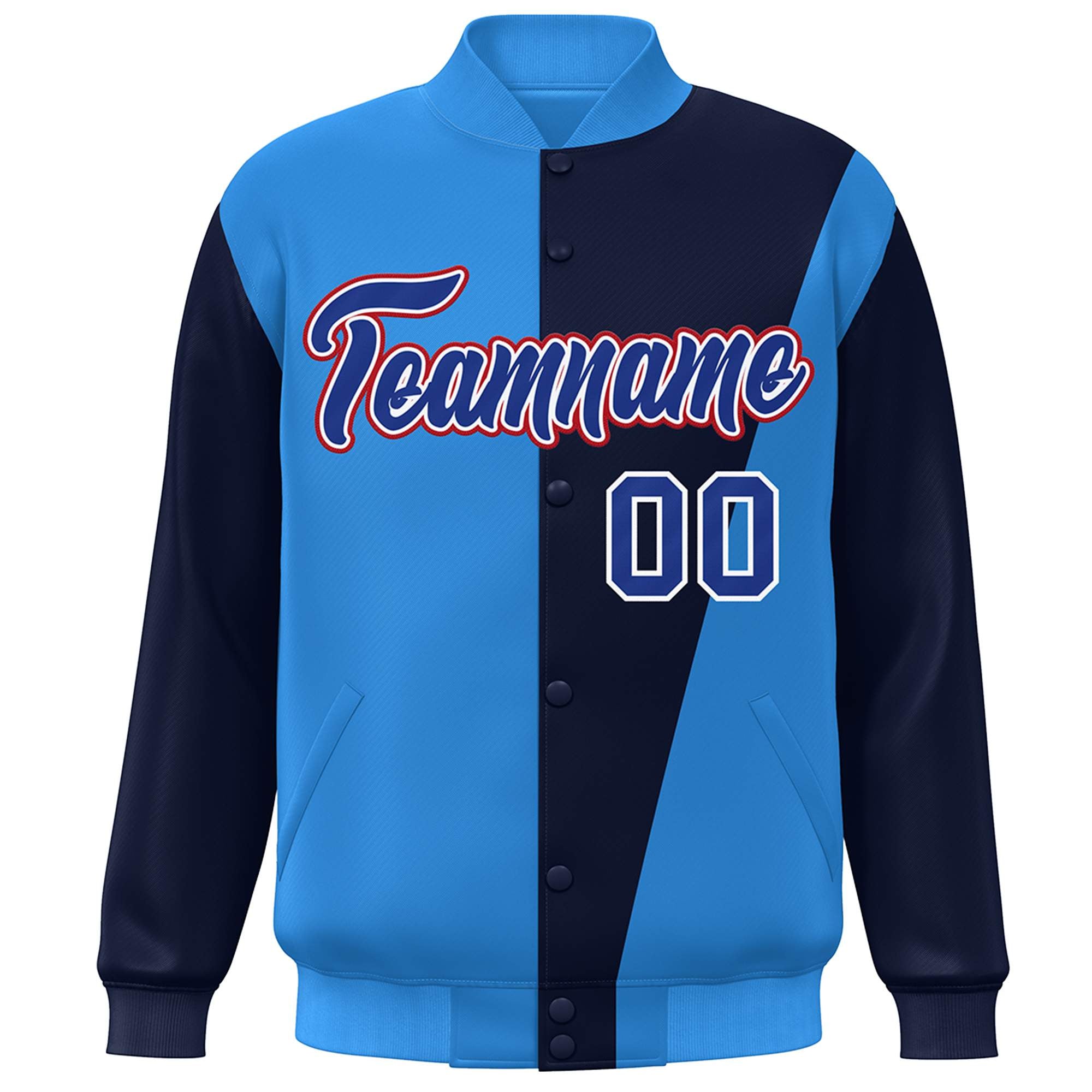 Custom Powder Blue Navy-Royal Color Block Varsity Full-Snap Bomber Jacket