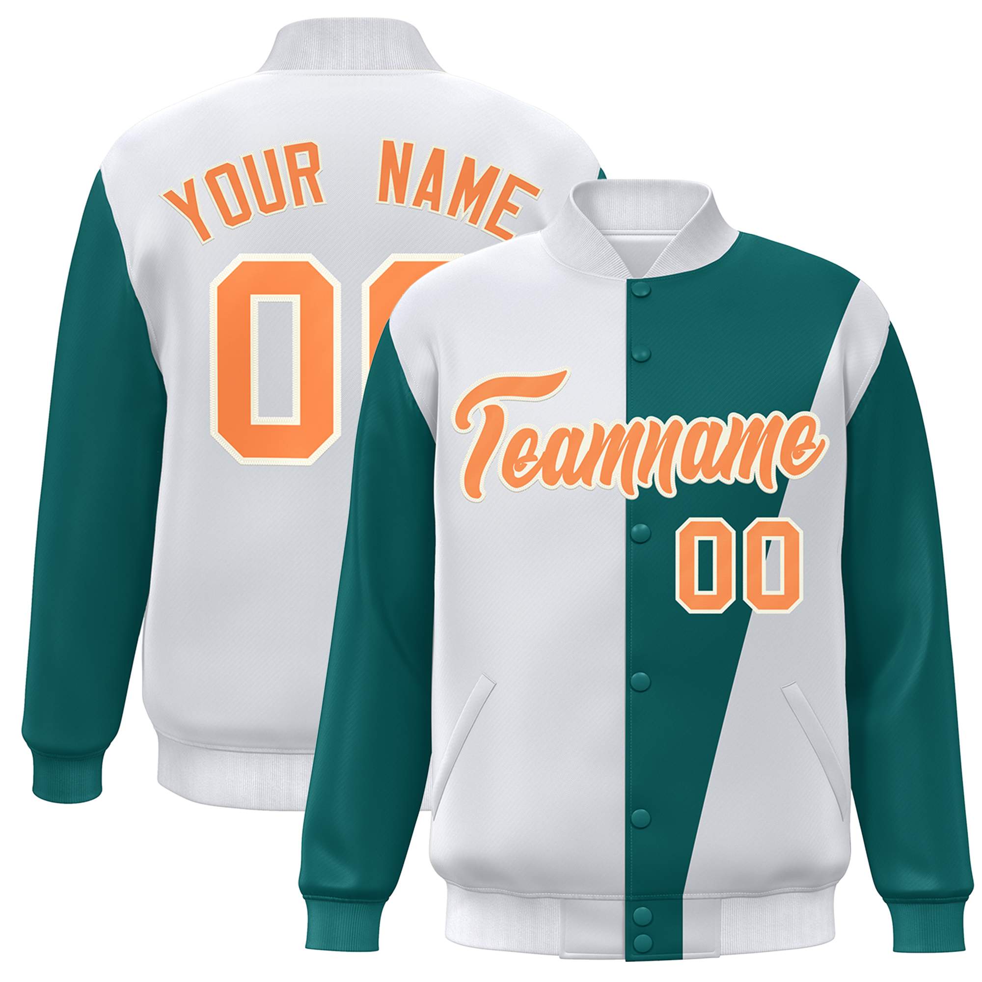 Custom White Aqua-Orange Color Block Varsity Full-Snap Bomber Jacket