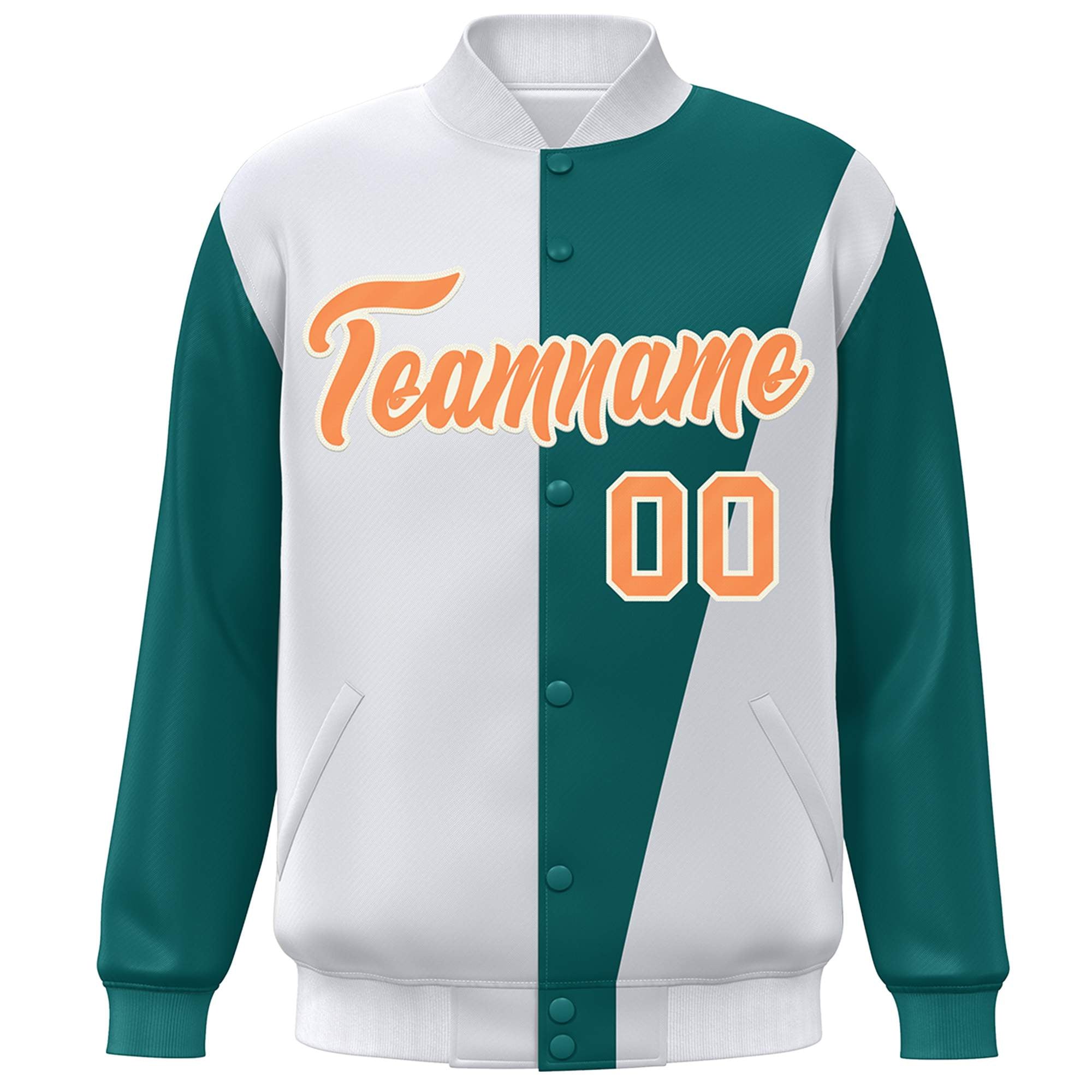 Custom White Aqua-Orange Color Block Varsity Full-Snap Bomber Jacket