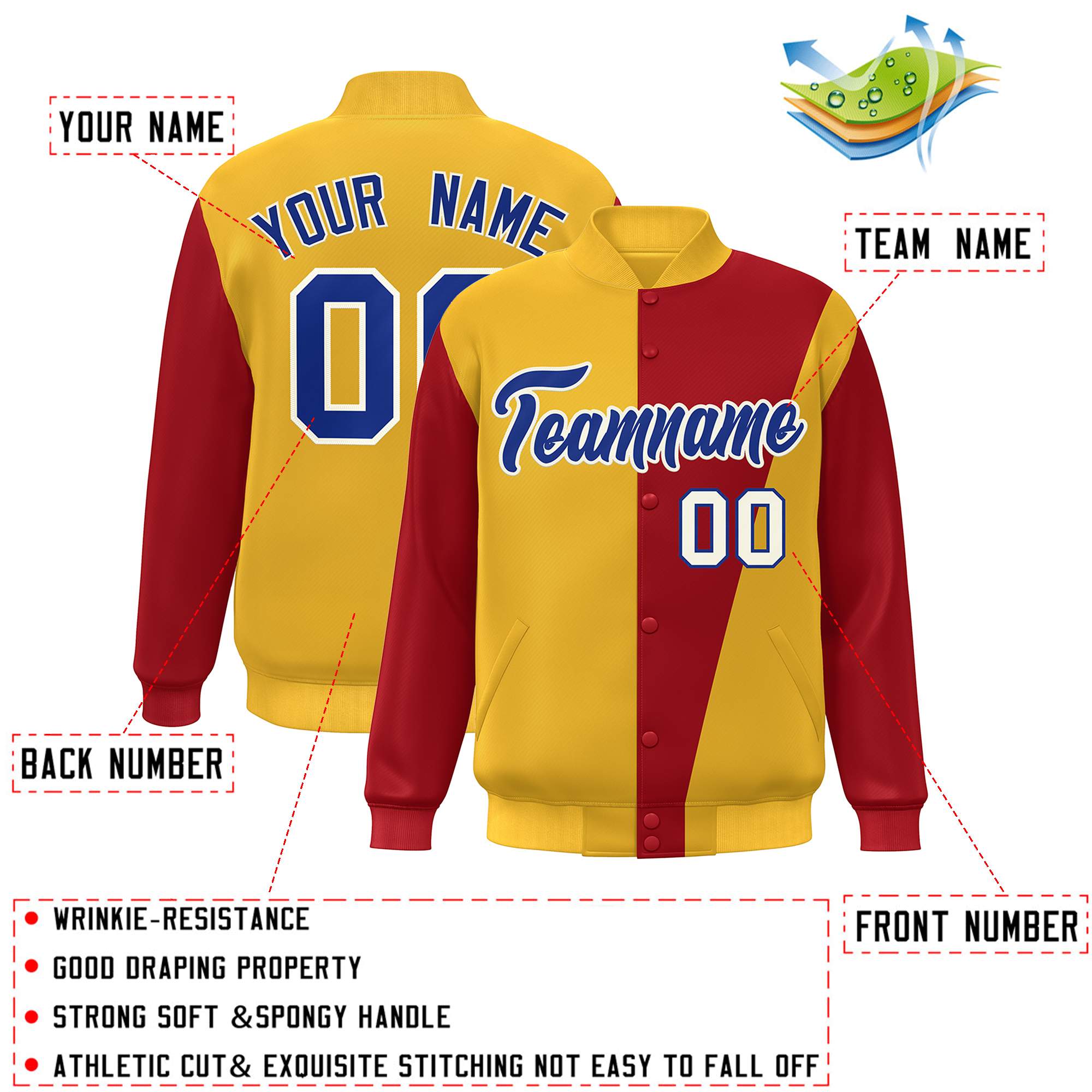 Custom Yellow Red-Royal Color Block Varsity Full-Snap Bomber Jacket