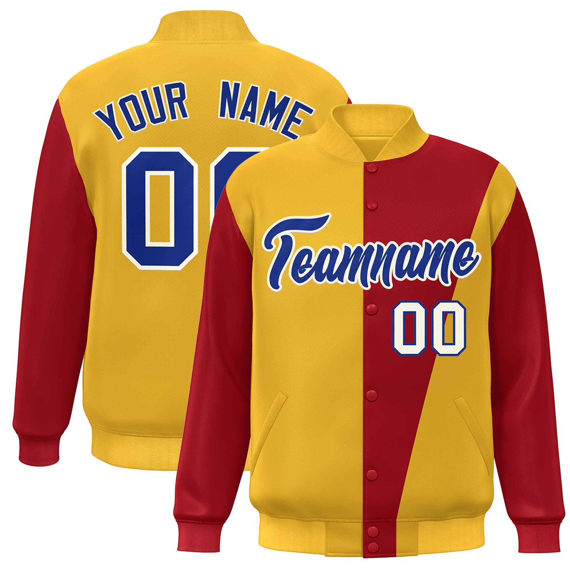 Custom Yellow Red-Royal Color Block Varsity Full-Snap Bomber Jacket