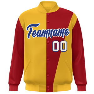 Custom Yellow Red-Royal Color Block Varsity Full-Snap Bomber Jacket