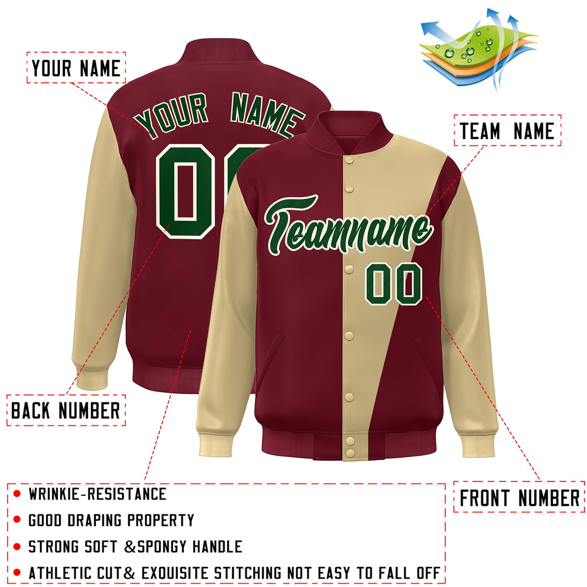 Custom Crimson Khaki-Green Color Block Varsity Full-Snap Bomber Jacket