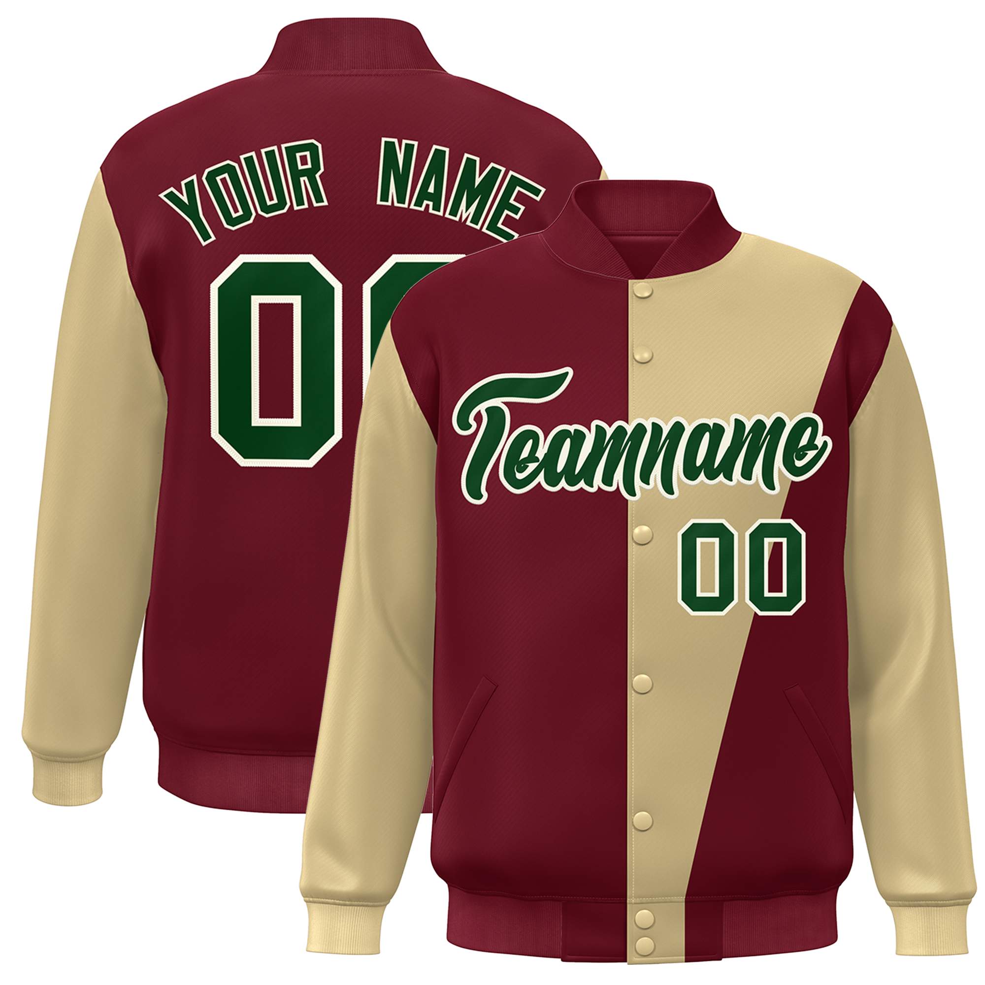 Custom Crimson Khaki-Green Color Block Varsity Full-Snap Bomber Jacket