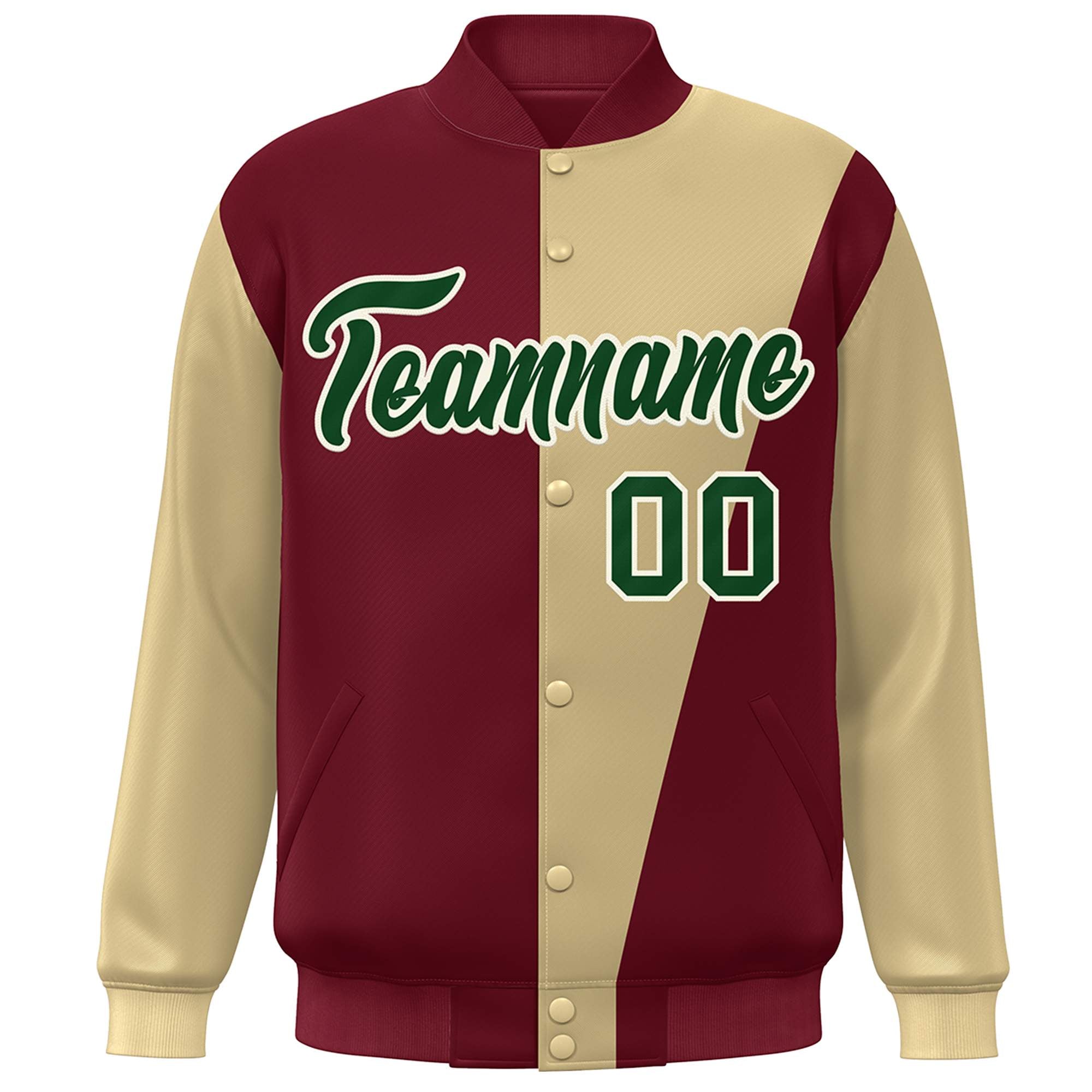 Custom Crimson Khaki-Green Color Block Varsity Full-Snap Bomber Jacket