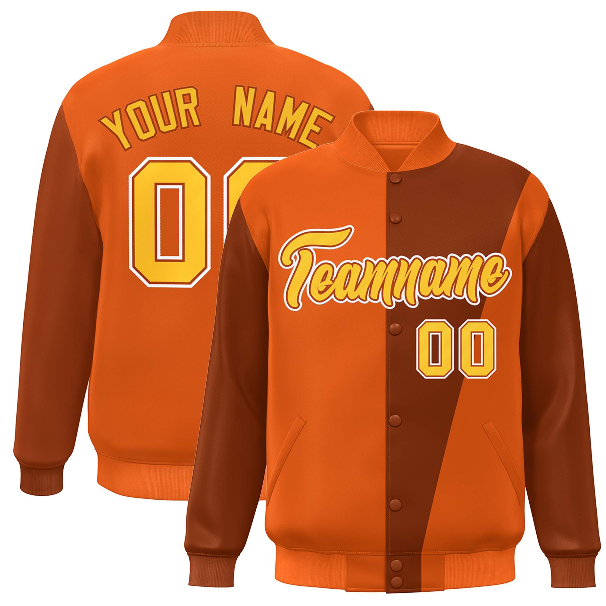 Custom Orange Yellow Color Block Varsity Full-Snap Bomber Jacket