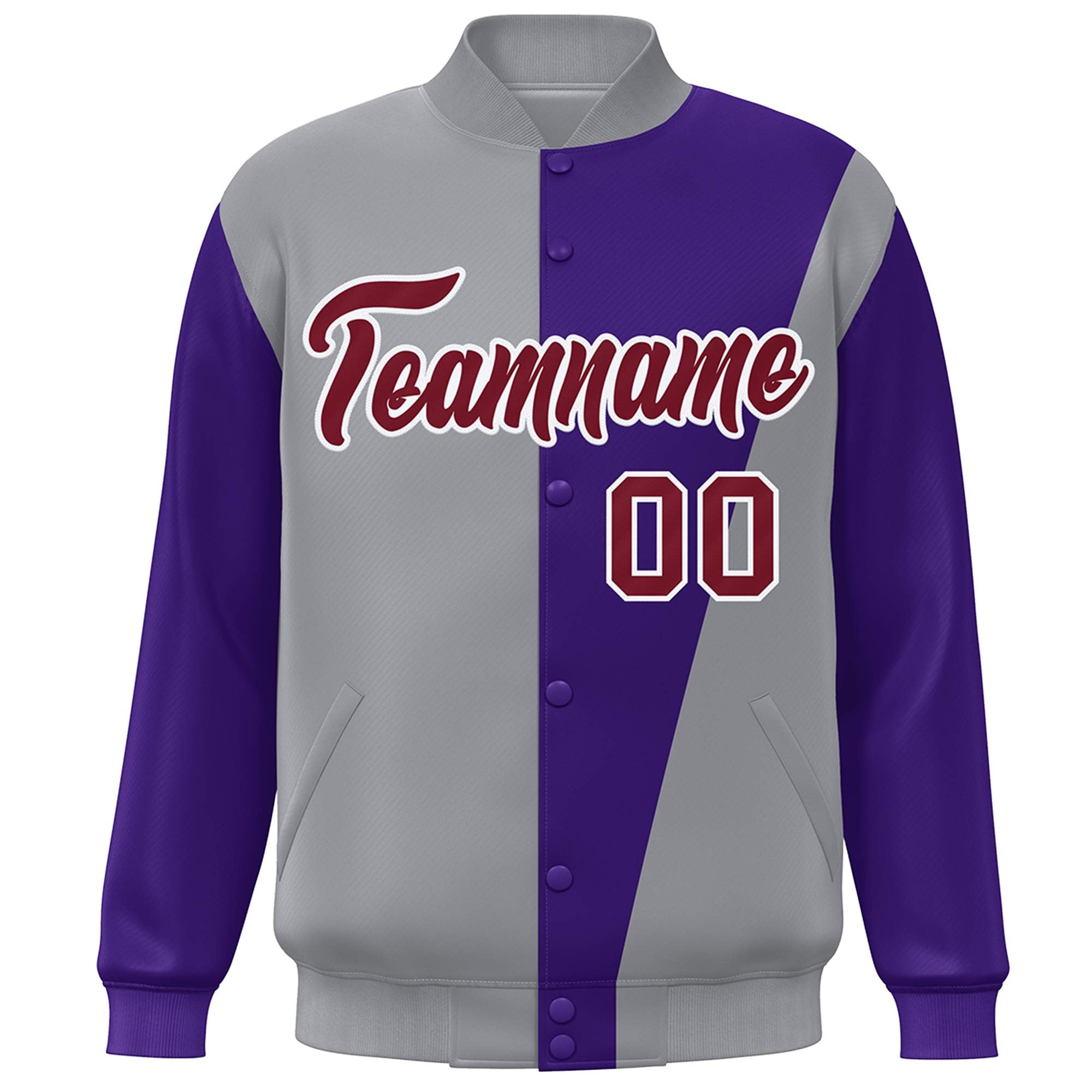 Custom Gray Purple-Crimson Color Block Varsity Full-Snap Bomber Jacket