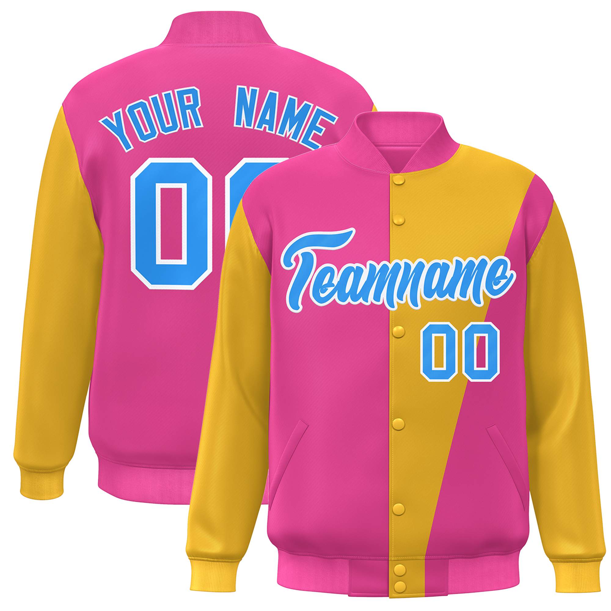 Custom Pink Yellow-Powder Blue Color Block Varsity Full-Snap Bomber Jacket