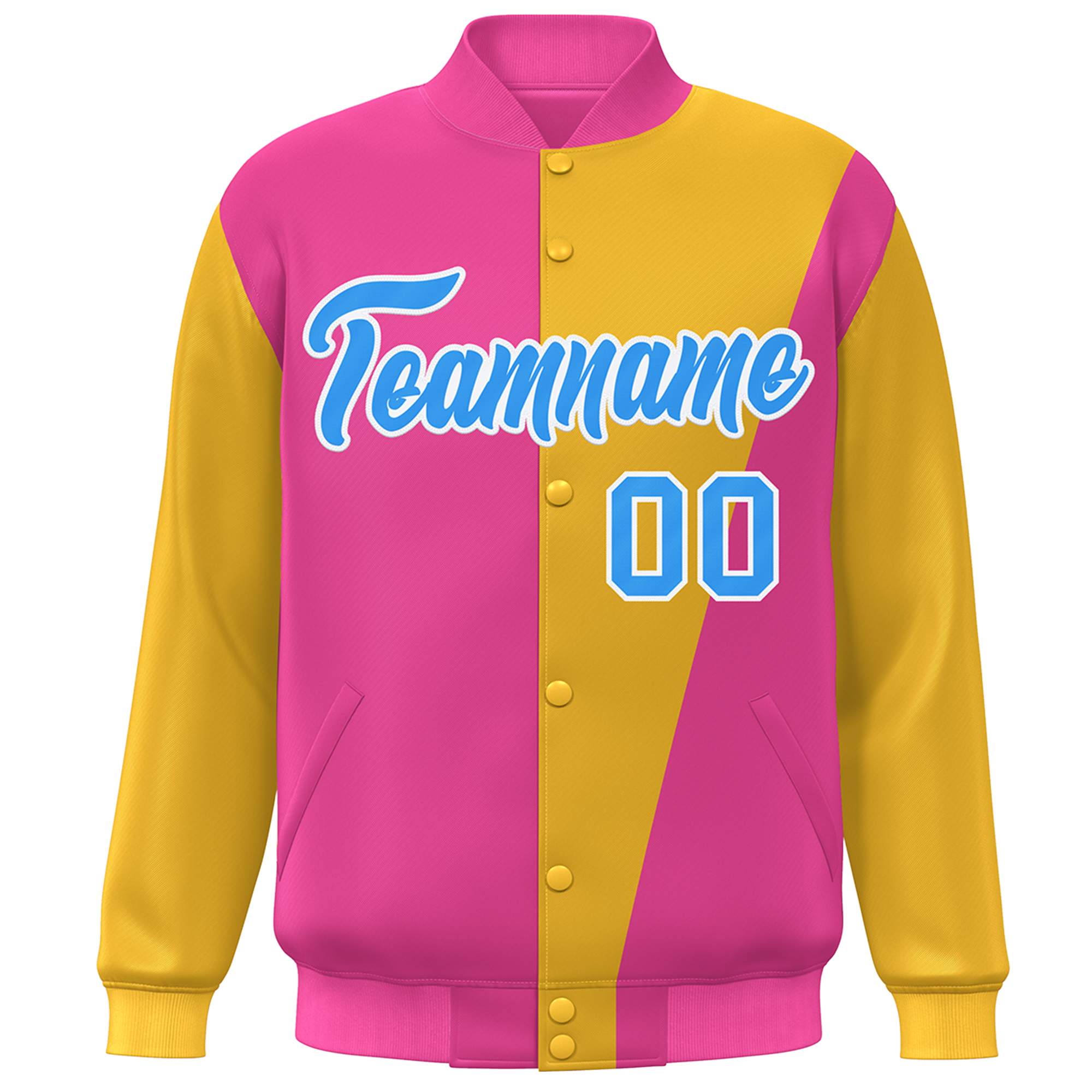 Custom Pink Yellow-Powder Blue Color Block Varsity Full-Snap Bomber Jacket