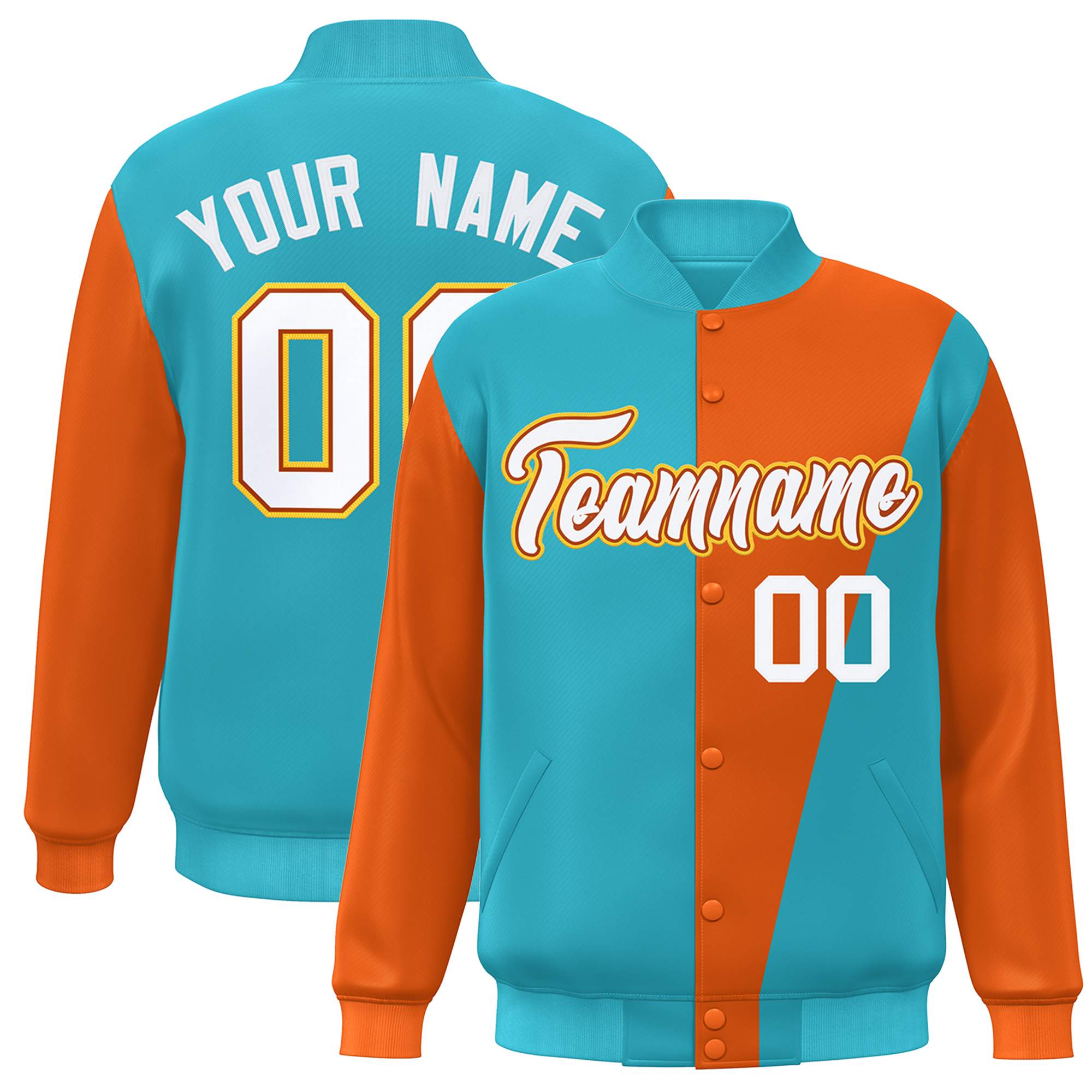 Custom Light Blue Orange-White Color Block Varsity Full-Snap Bomber Jacket