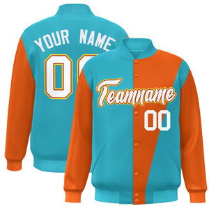 Custom Light Blue Orange-White Color Block Varsity Full-Snap Bomber Jacket