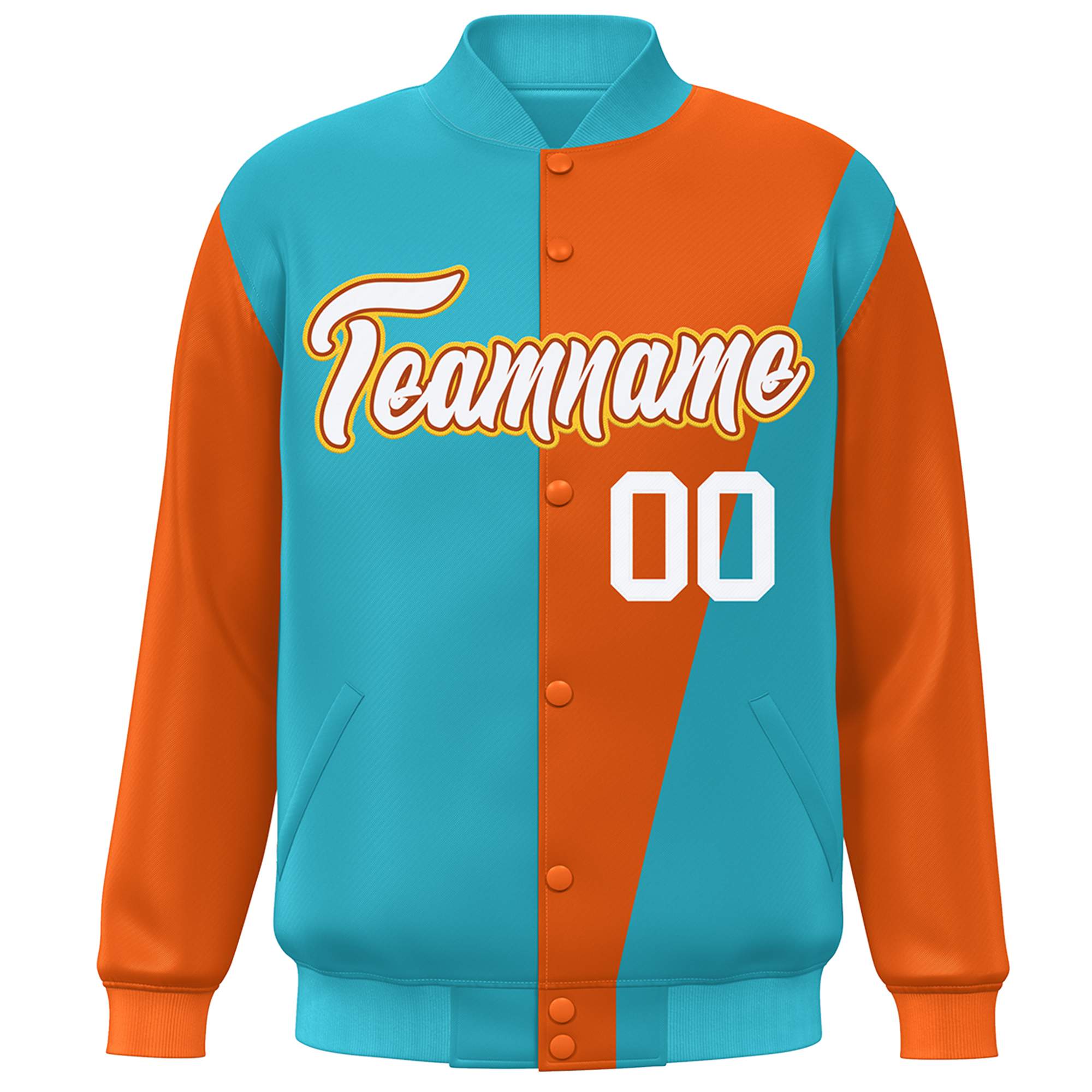 Custom Light Blue Orange-White Color Block Varsity Full-Snap Bomber Jacket