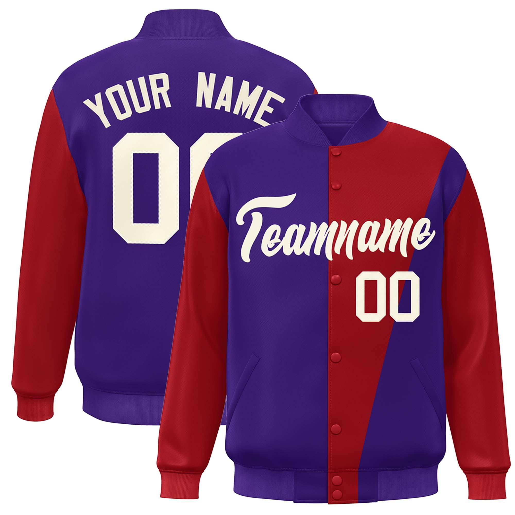 Custom Purple Crimson-White Color Block Varsity Full-Snap Bomber Jacket