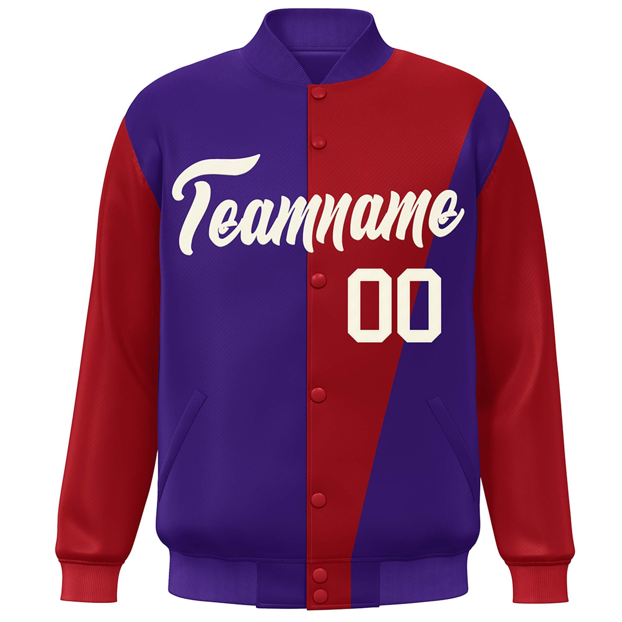 Custom Purple Crimson-White Color Block Varsity Full-Snap Bomber Jacket