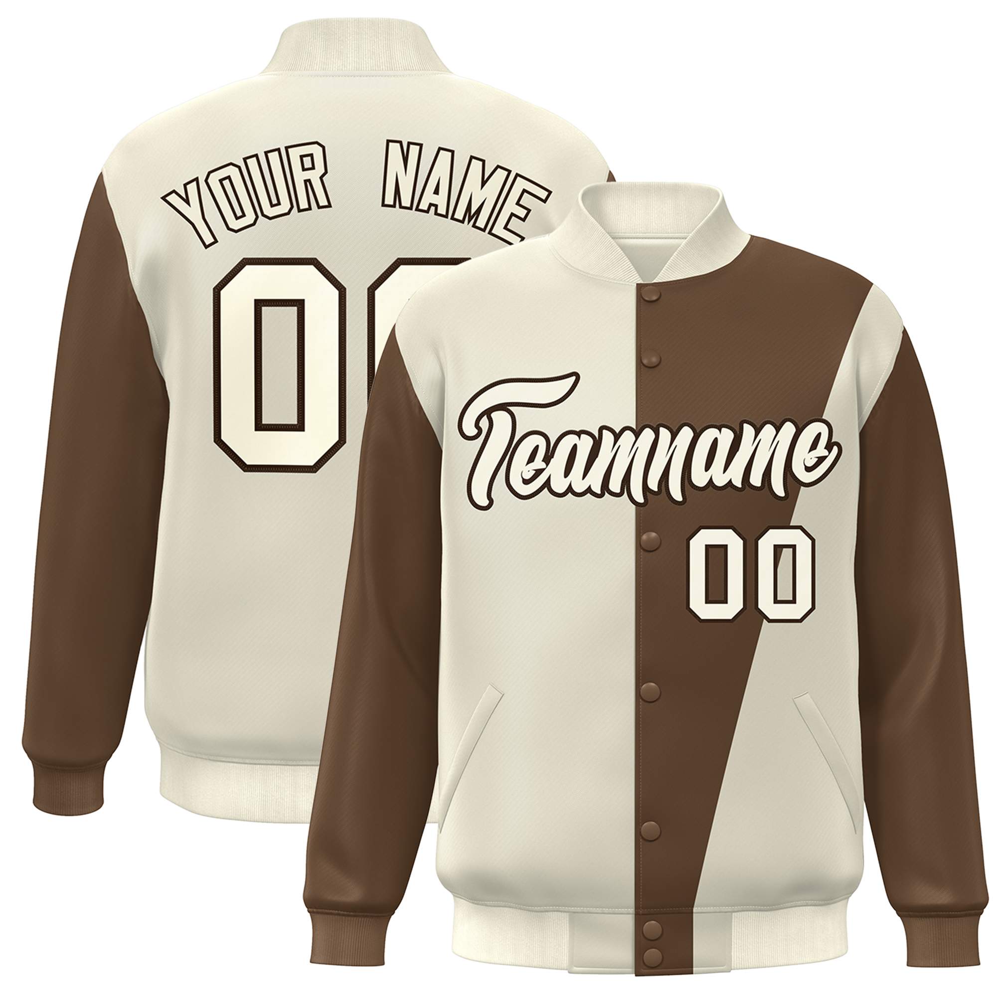 Custom Cream Brown Color Block Varsity Full-Snap Bomber Jacket