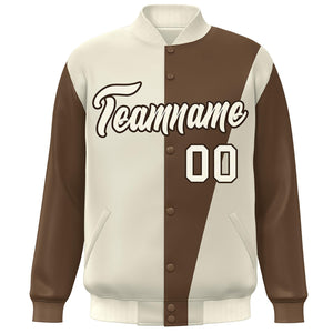 Custom Cream Brown Color Block Varsity Full-Snap Bomber Jacket