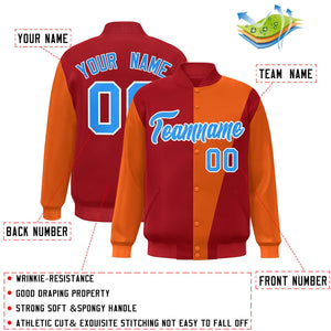 Custom Red Orange-Powder Blue Color Block Varsity Full-Snap Bomber Jacket