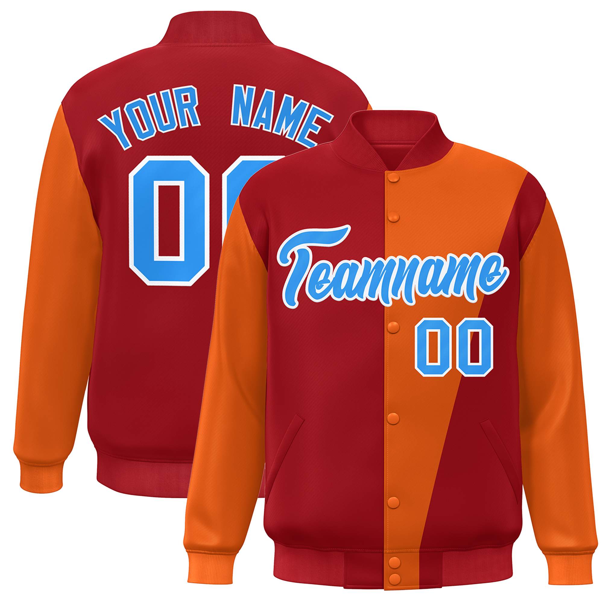 Custom Red Orange-Powder Blue Color Block Varsity Full-Snap Bomber Jacket