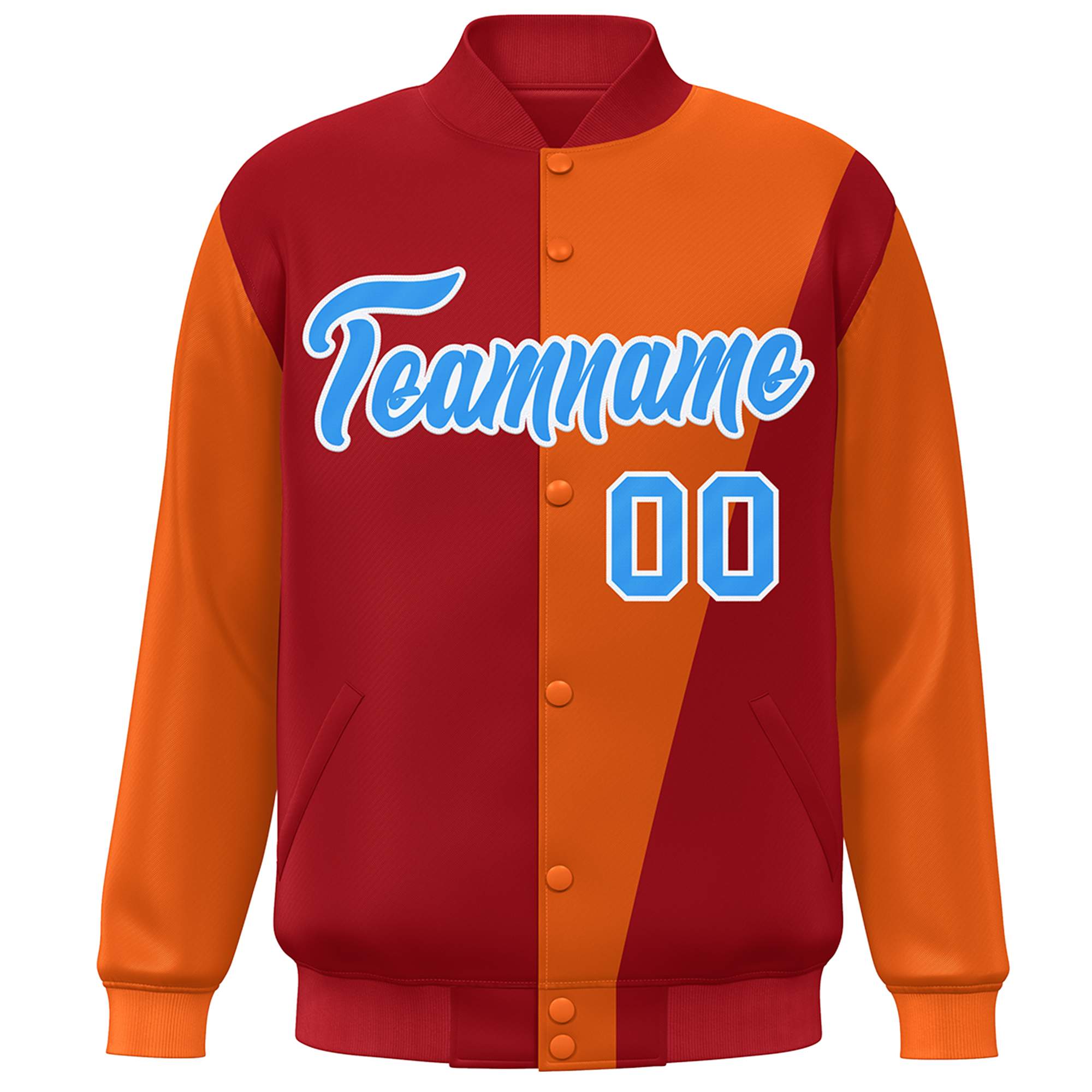 Custom Red Orange-Powder Blue Color Block Varsity Full-Snap Bomber Jacket