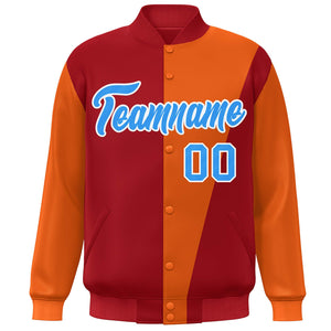 Custom Red Orange-Powder Blue Color Block Varsity Full-Snap Bomber Jacket