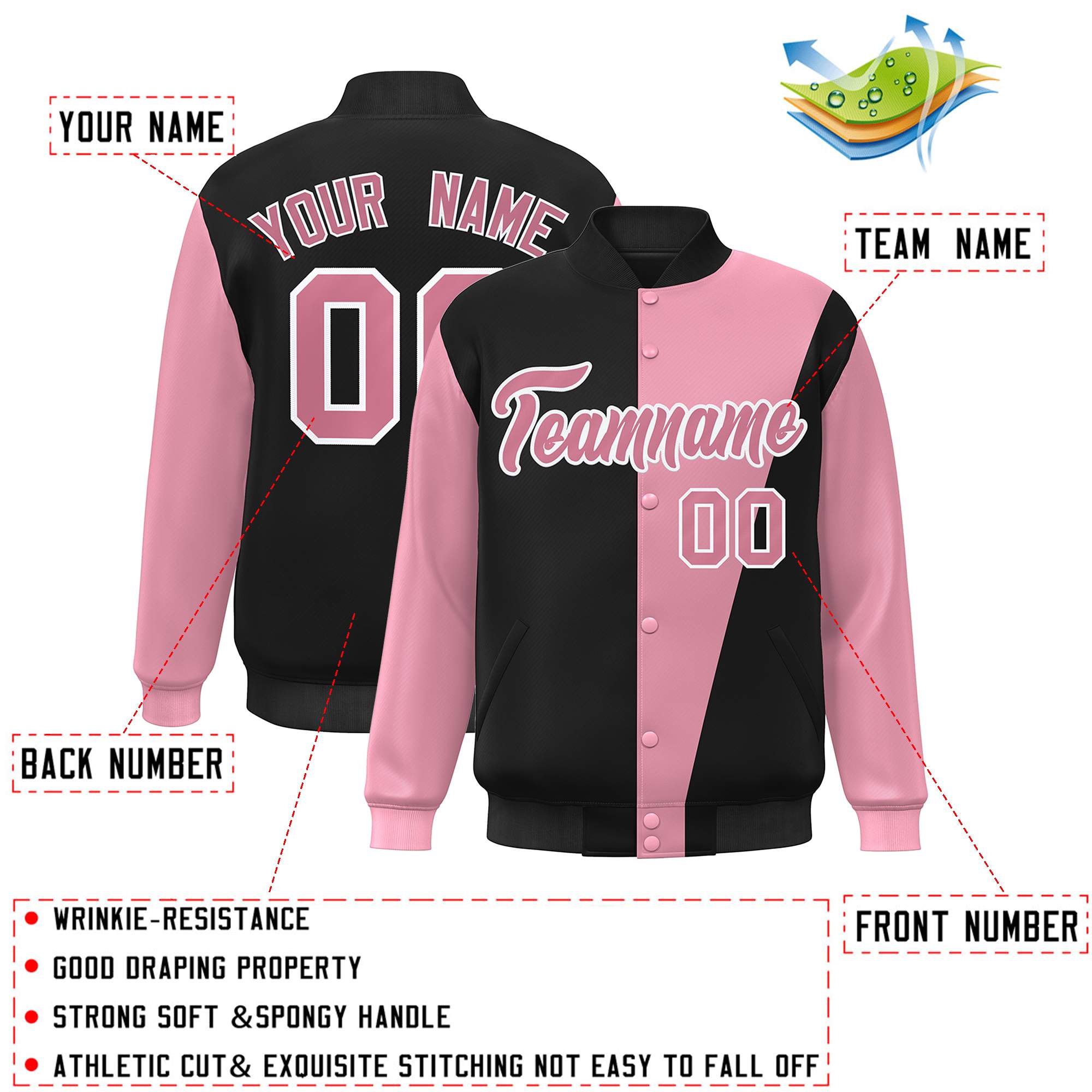 Custom Black Pink-White Color Block Varsity Full-Snap Bomber Jacket