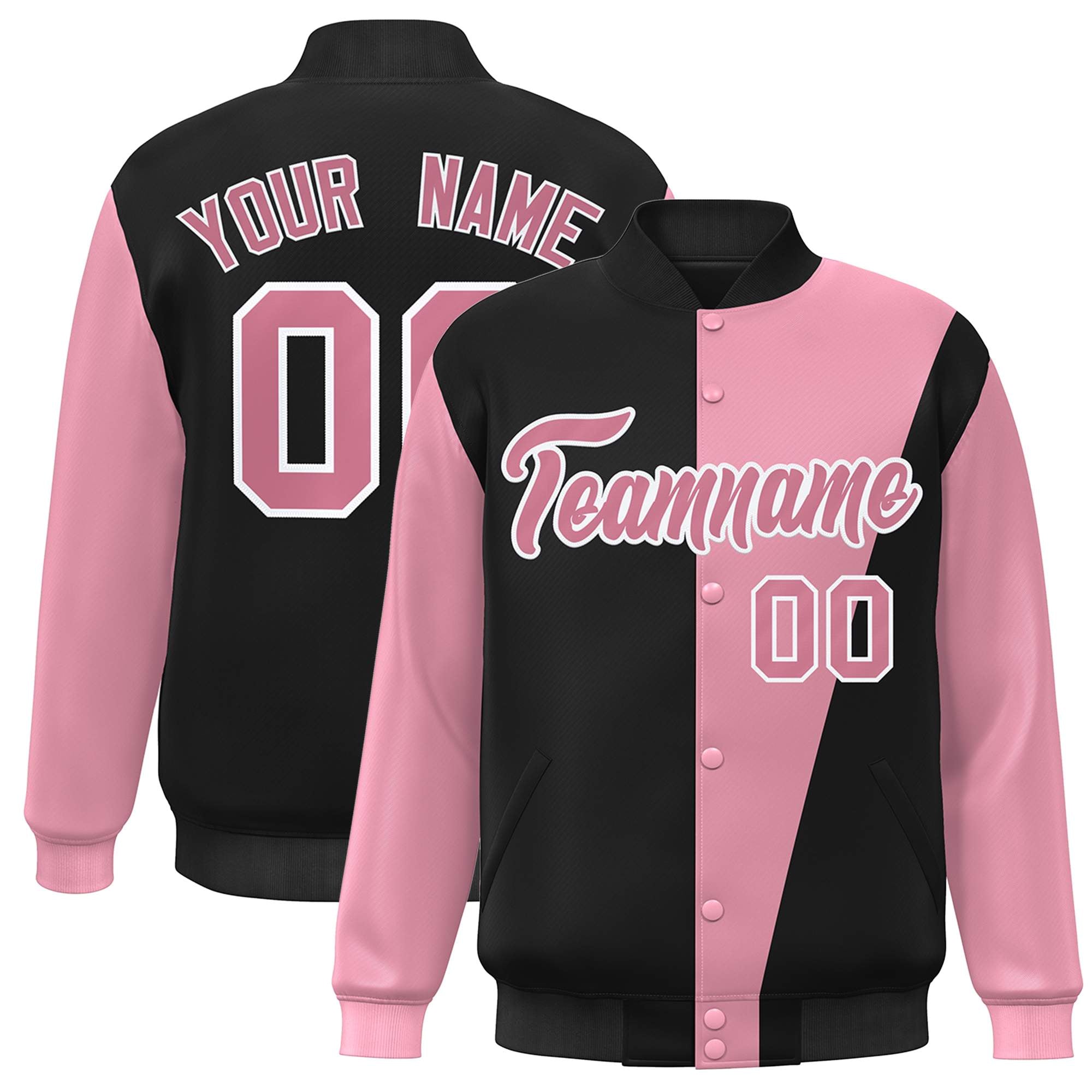 Custom Black Pink-White Color Block Varsity Full-Snap Bomber Jacket