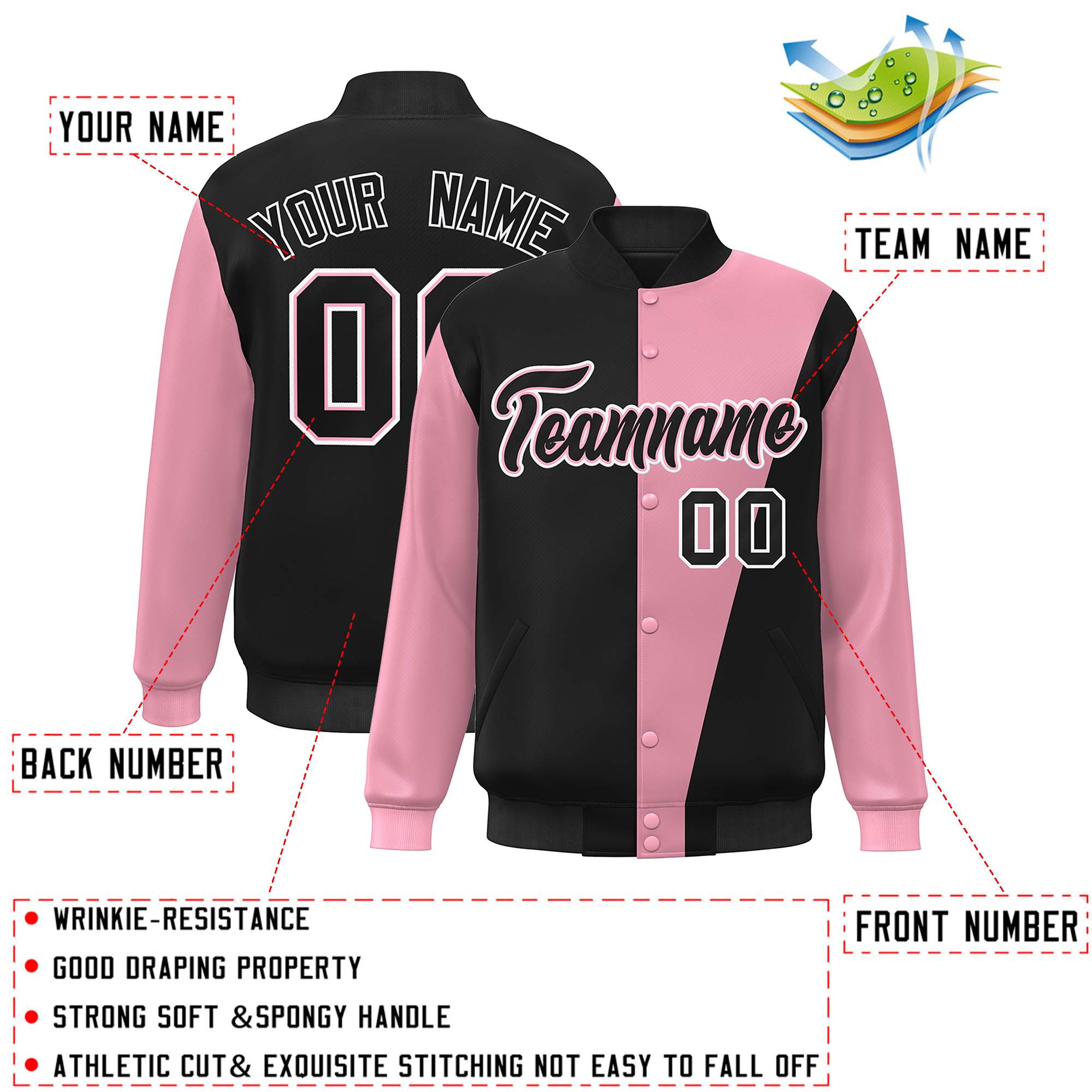 Custom Black Pink-White Color Block Varsity Full-Snap Bomber Jacket