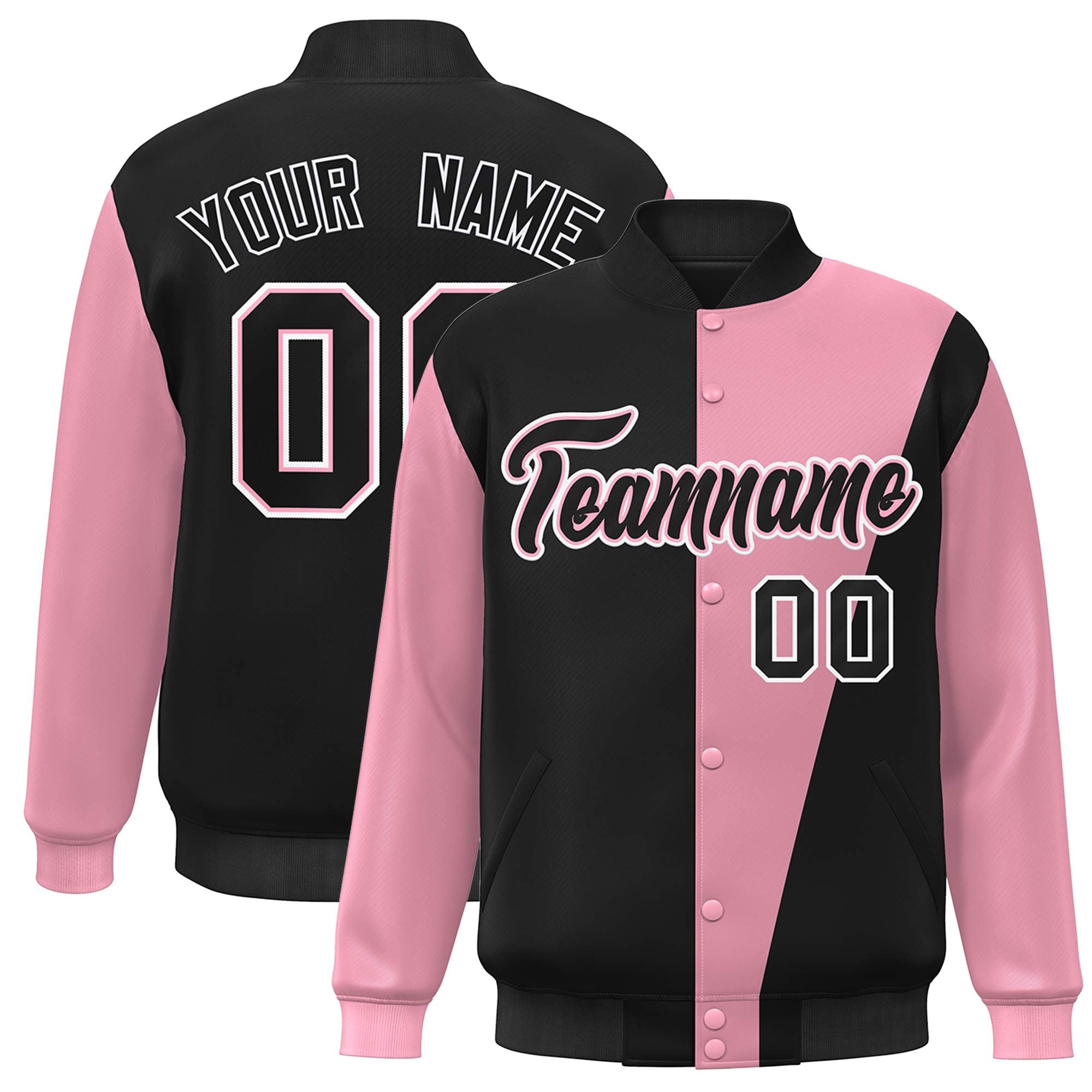 Custom Black Pink-White Color Block Varsity Full-Snap Bomber Jacket