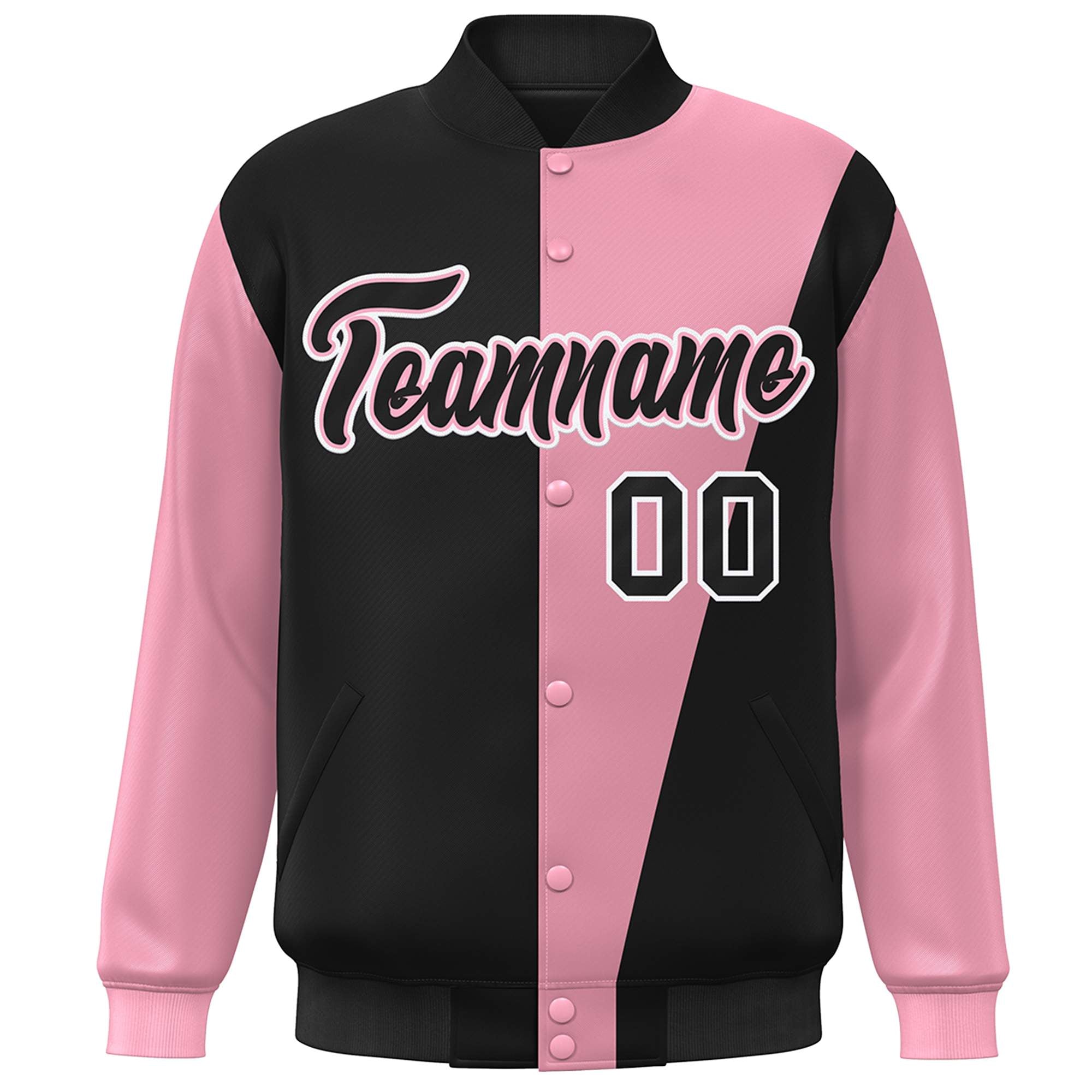 Custom Black Pink-White Color Block Varsity Full-Snap Bomber Jacket