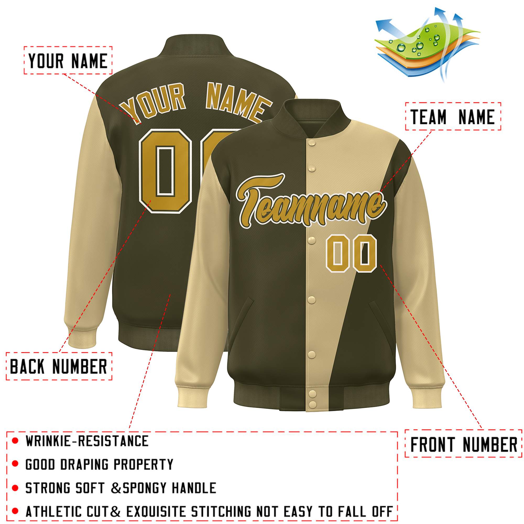 Custom Olive Khaki-Old Gold Color Block Varsity Full-Snap Bomber Jacket