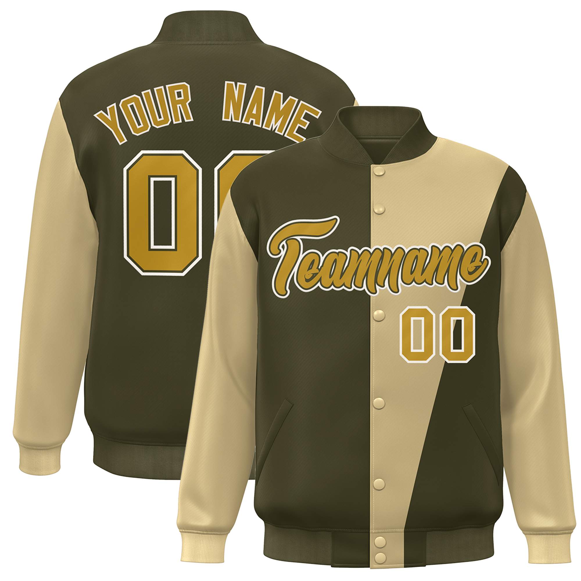 Custom Olive Khaki-Old Gold Color Block Varsity Full-Snap Bomber Jacket