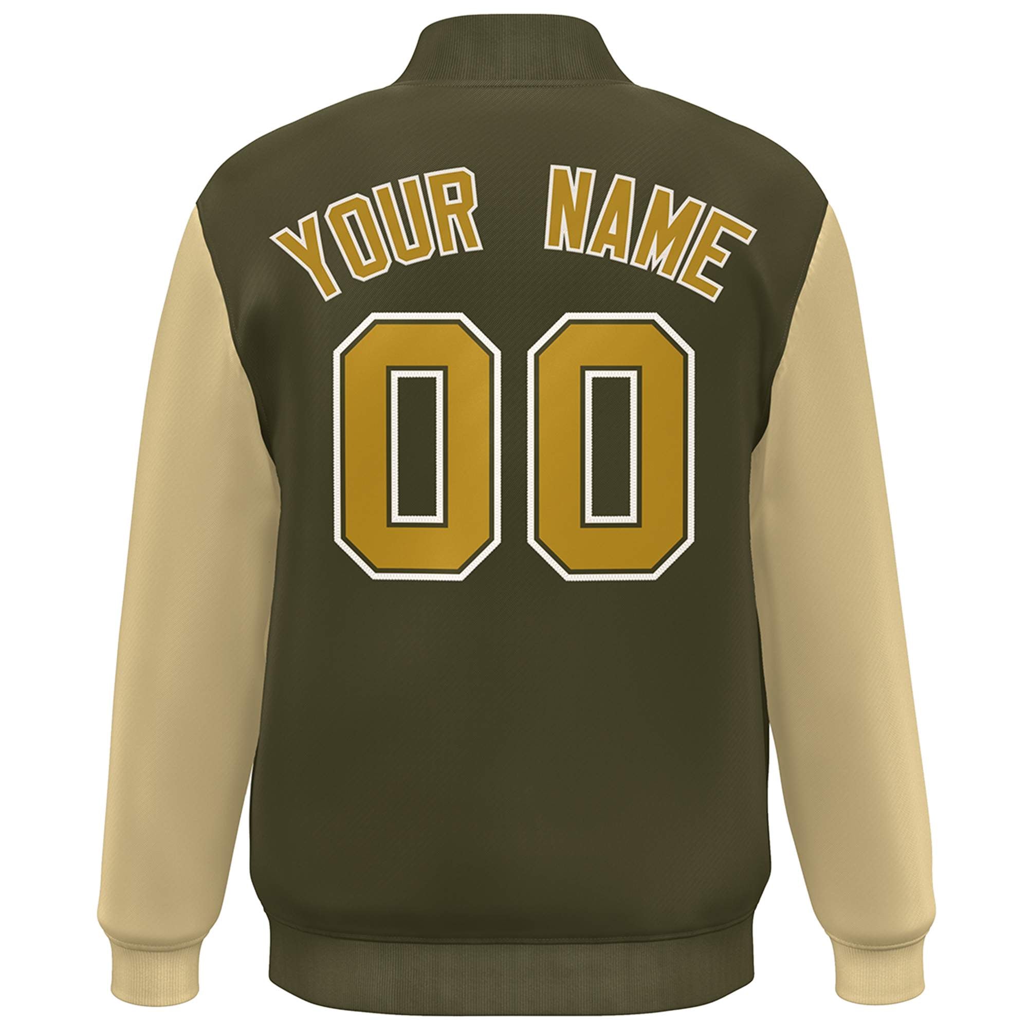 Custom Olive Khaki-Old Gold Color Block Varsity Full-Snap Bomber Jacket