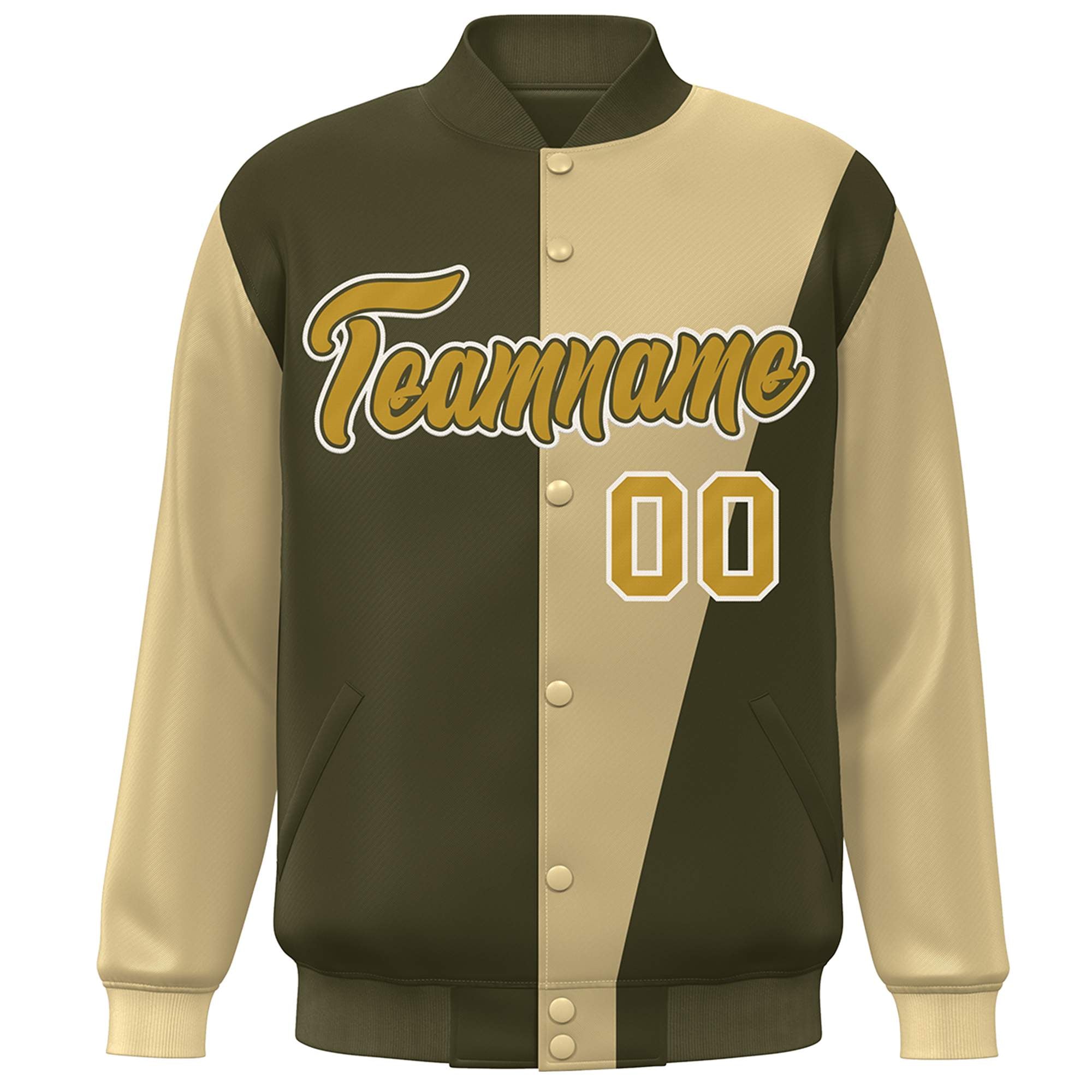 Custom Olive Khaki-Old Gold Color Block Varsity Full-Snap Bomber Jacket