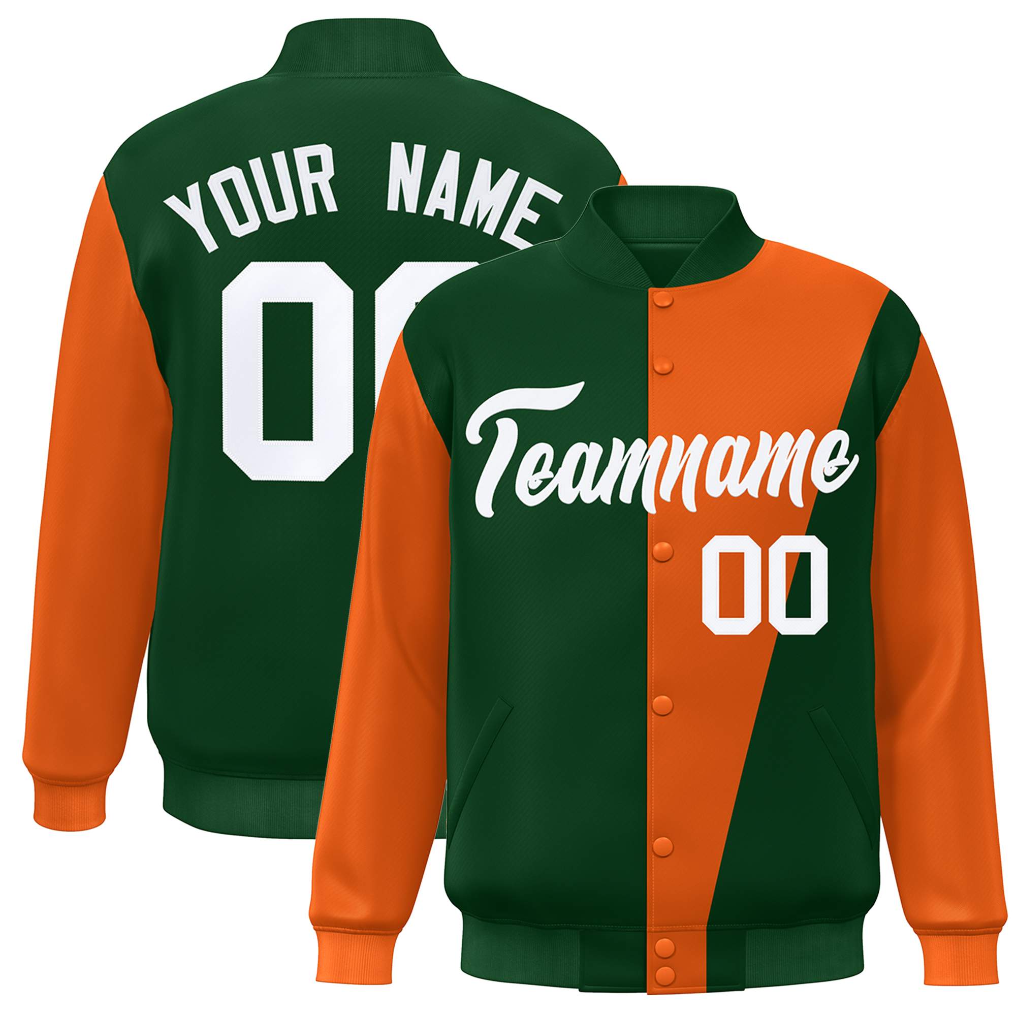 Custom Green Orange-White Color Block Varsity Full-Snap Bomber Jacket