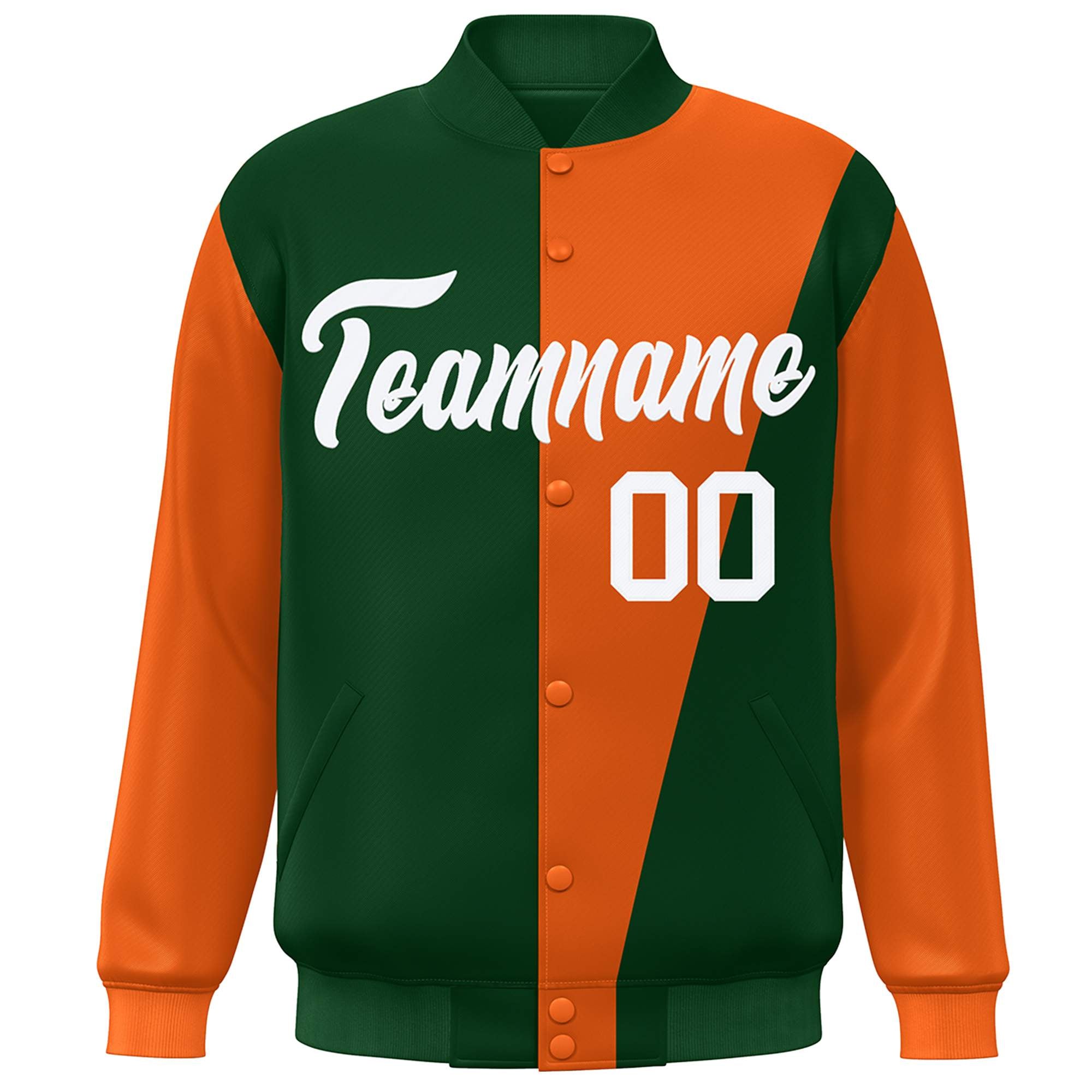 Custom Green Orange-White Color Block Varsity Full-Snap Bomber Jacket