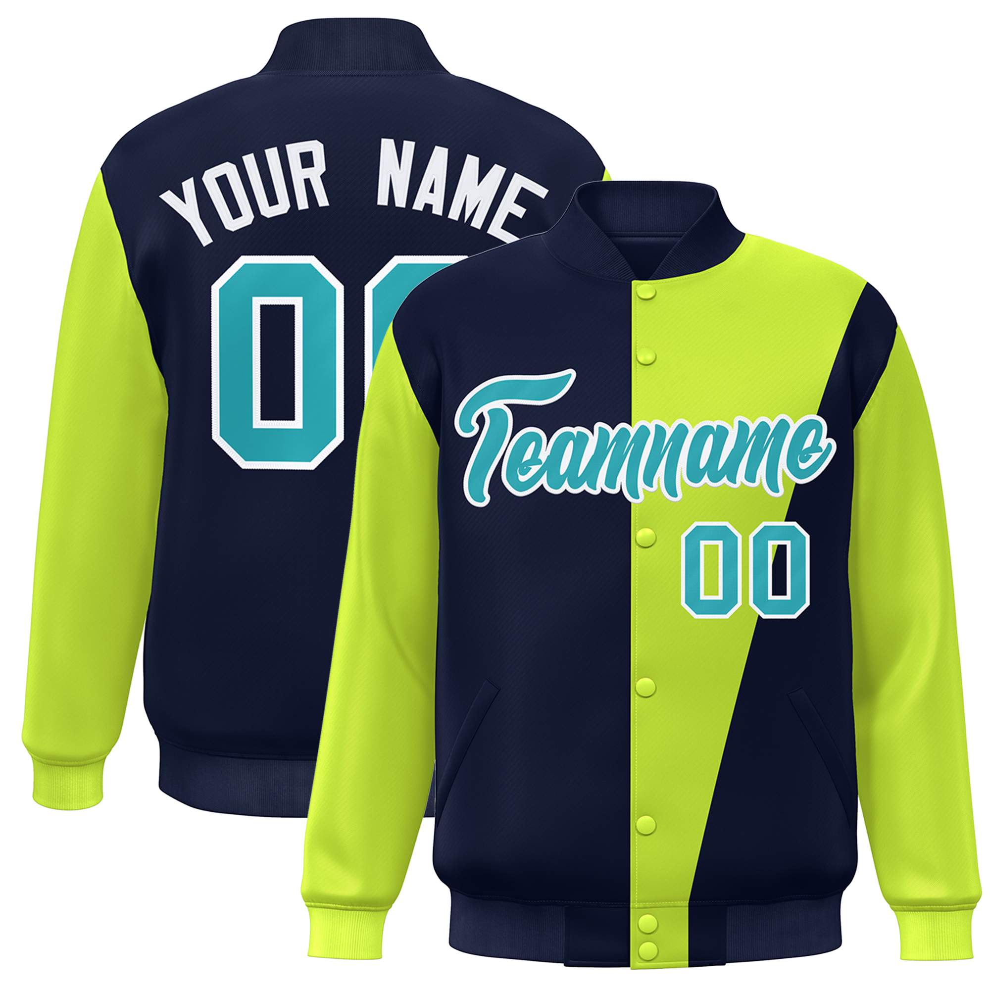 Custom Navy Neon Green-Aqua Color Block Varsity Full-Snap Bomber Jacket