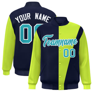 Custom Navy Neon Green-Aqua Color Block Varsity Full-Snap Bomber Jacket