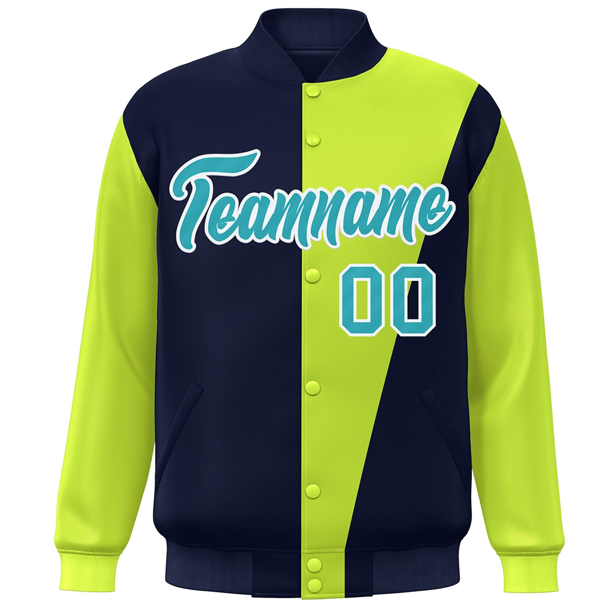 Custom Navy Neon Green-Aqua Color Block Varsity Full-Snap Bomber Jacket