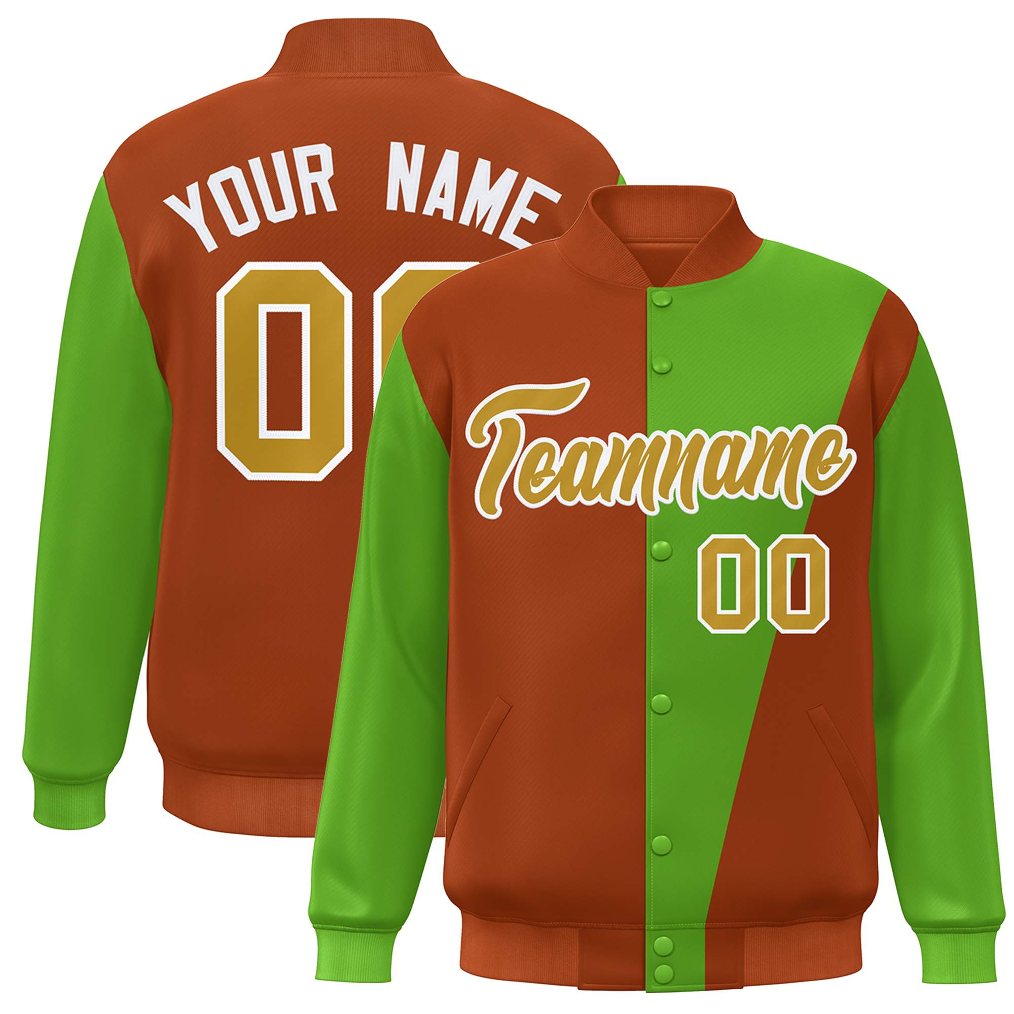 Custom Orange Green-Old Gold Color Block Varsity Full-Snap Bomber Jacket