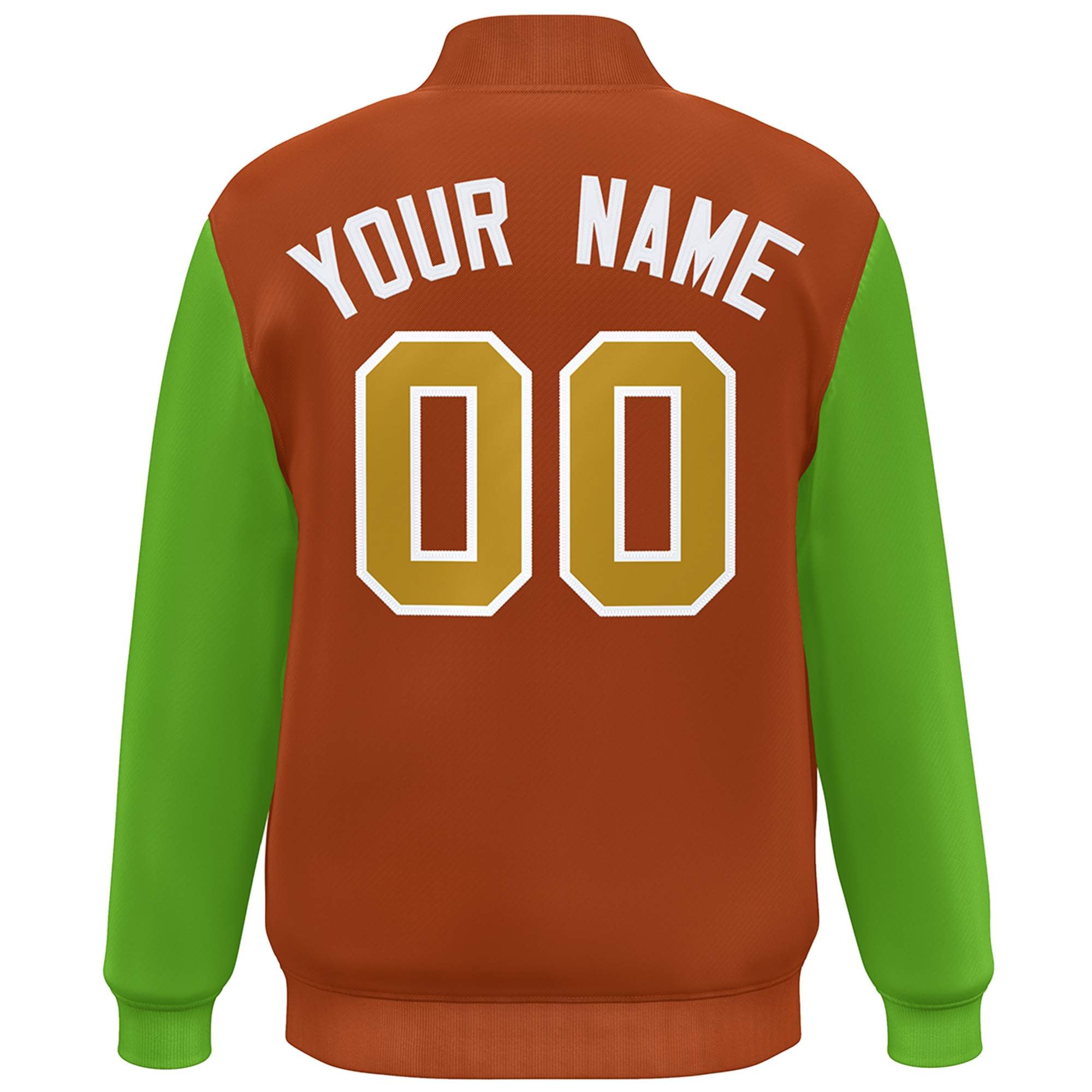 Custom Orange Green-Old Gold Color Block Varsity Full-Snap Bomber Jacket