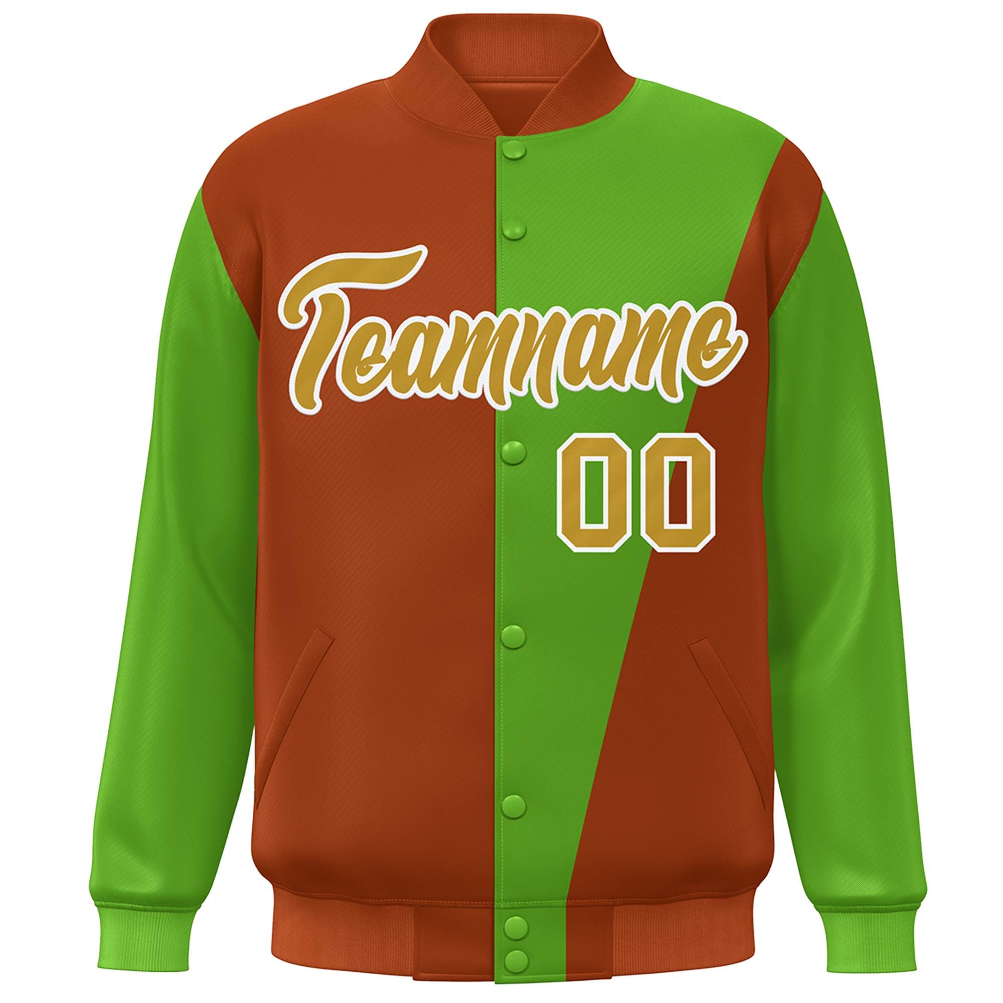 Custom Orange Green-Old Gold Color Block Varsity Full-Snap Bomber Jacket