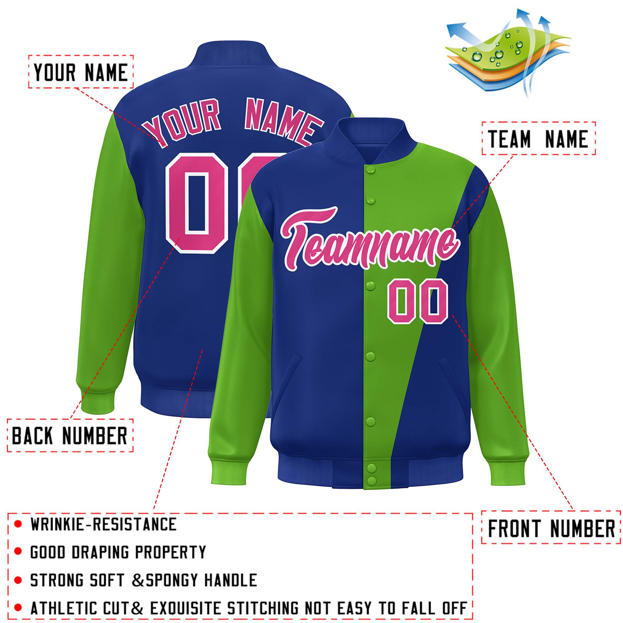 Custom Royal Green-Pink Color Block Varsity Full-Snap Bomber Jacket