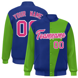 Custom Royal Green-Pink Color Block Varsity Full-Snap Bomber Jacket