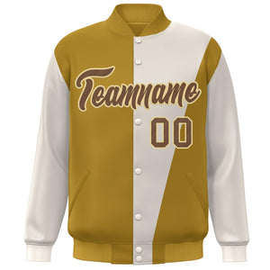 Custom Khaki Old Gold-Brown Color Block Varsity Full-Snap Bomber Jacket